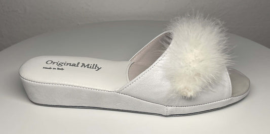 0028 Camoscio Bianco con Piuma Suola Bufalo Ciabatte da camera Donna Original Milly Made in Italy