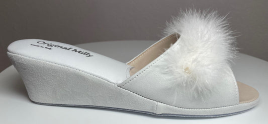 0029 Camoscio Bianco con Piuma Suola Bufalo Ciabatte da camera Donna Original Milly Made in Italy