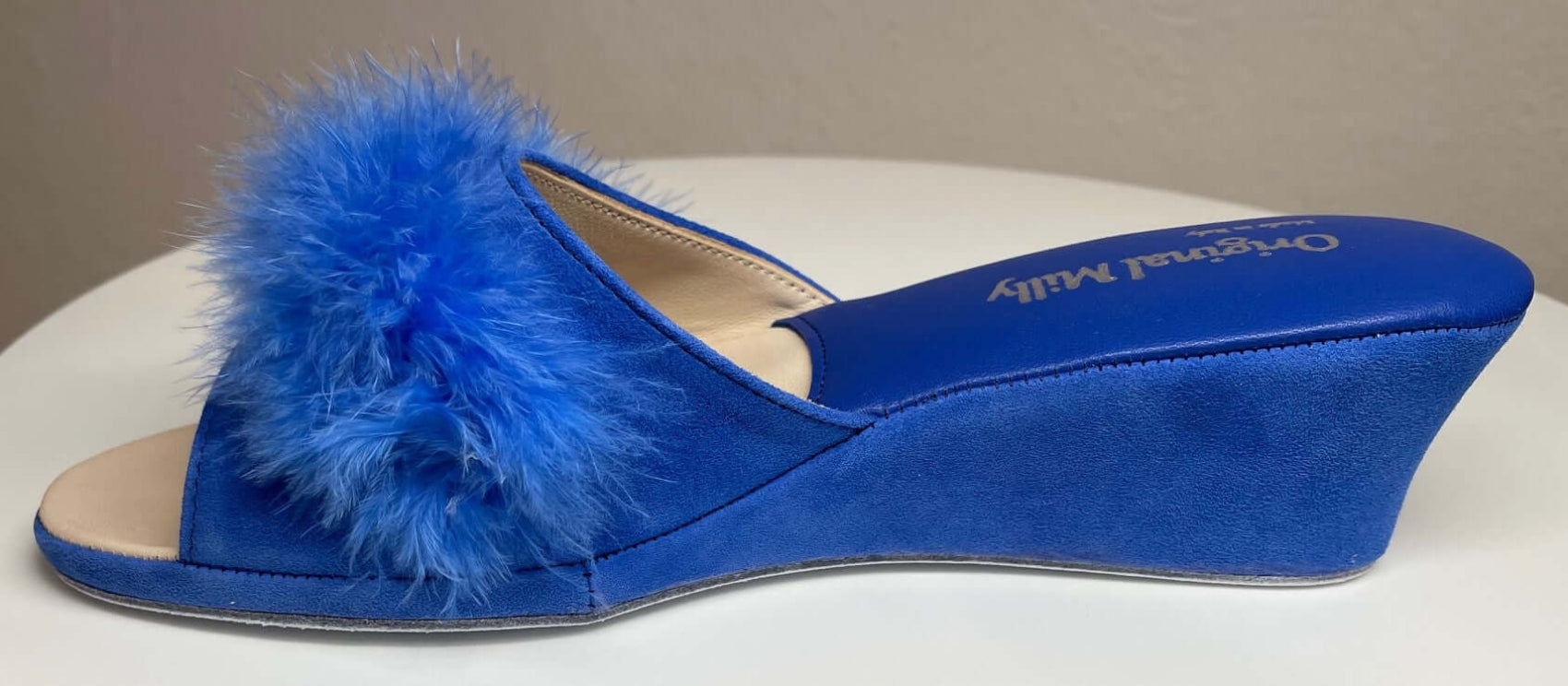 0029 Camoscio Blu con Piuma Suola Bufalo Ciabatte da camera Donna Original Milly Made in Italy