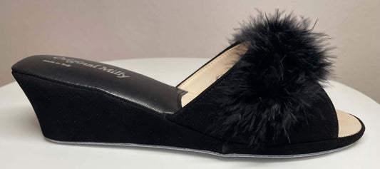 0029 Camoscio Nero con Piuma Suola Bufalo Ciabatte da camera Donna Original Milly Made in Italy