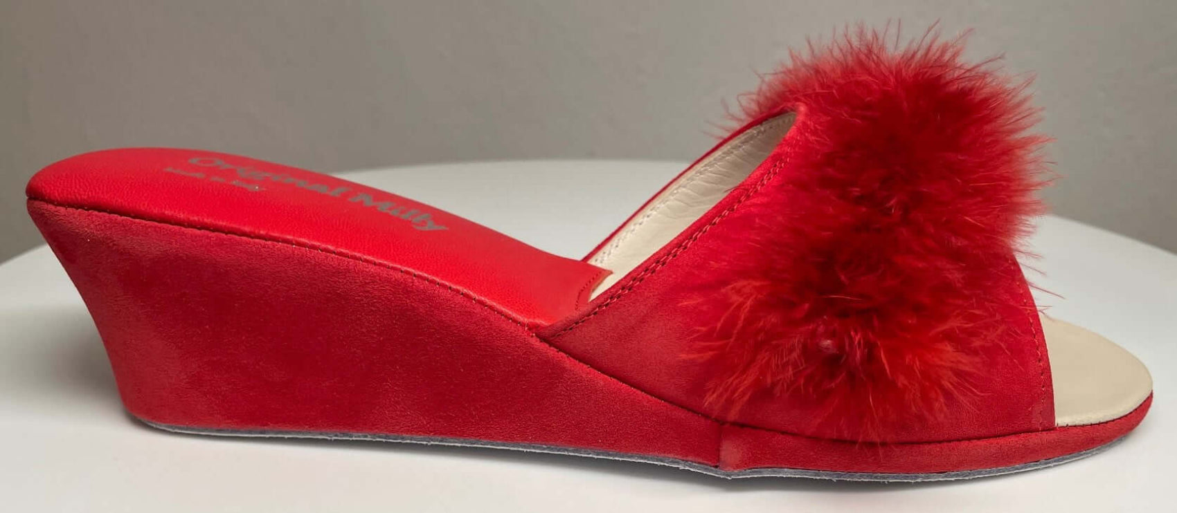 0029 Camoscio Rosso con Piuma Suola Bufalo Ciabatte da camera Donna Original Milly Made in Italy