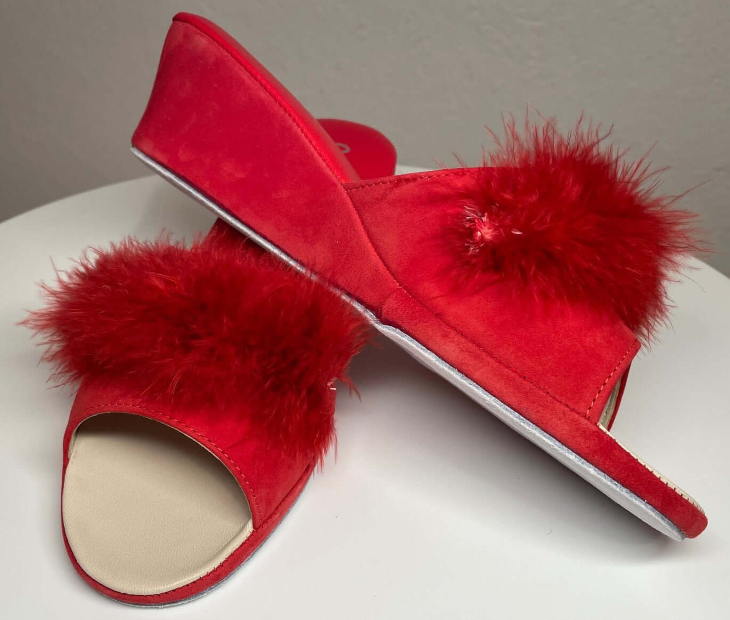 0029 Camoscio Rosso con Piuma Suola Bufalo Ciabatte da camera Donna Original Milly Made in Italy