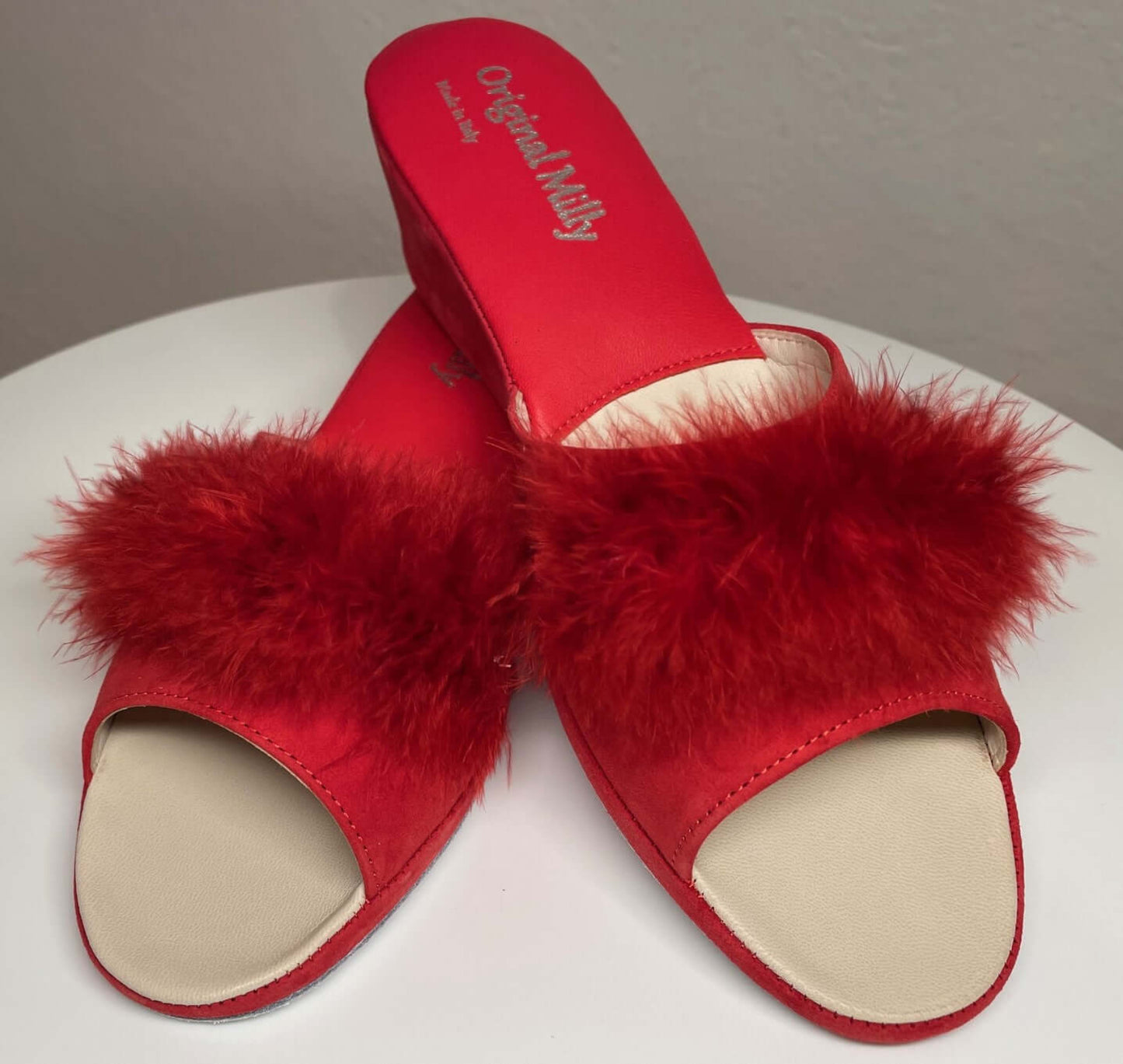 0029 Camoscio Rosso con Piuma Suola Bufalo Ciabatte da camera Donna Original Milly Made in Italy