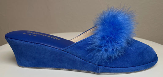 0030 Camoscio Blu con Piuma Suola Bufalo Ciabatte da camera Donna Original Milly Made in Italy