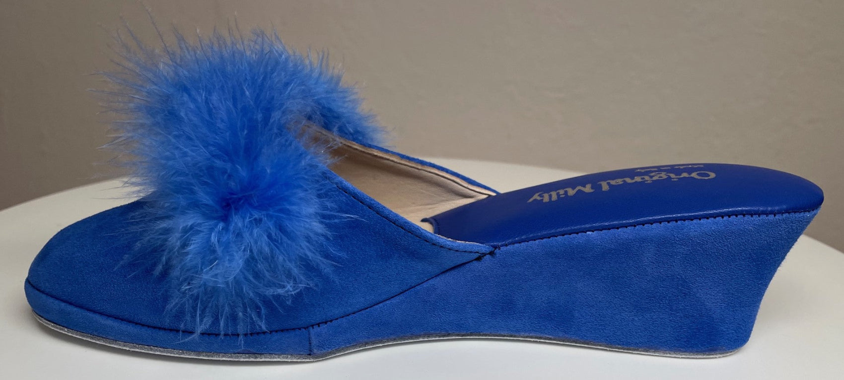 0030 Camoscio Blu con Piuma Suola Bufalo Ciabatte da camera Donna Original Milly Made in Italy