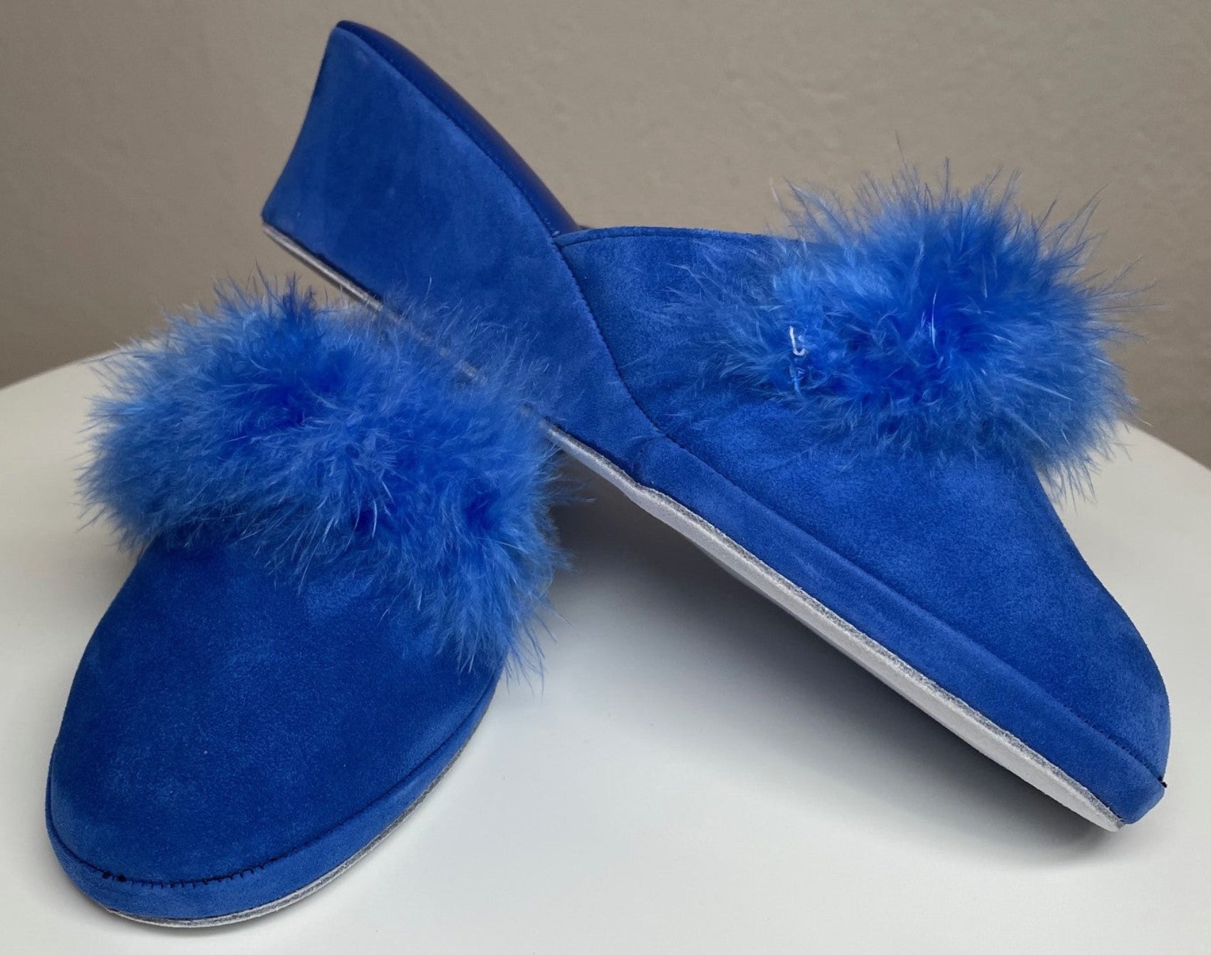 0030 Camoscio Blu con Piuma Suola Bufalo Ciabatte da camera Donna Original Milly Made in Italy