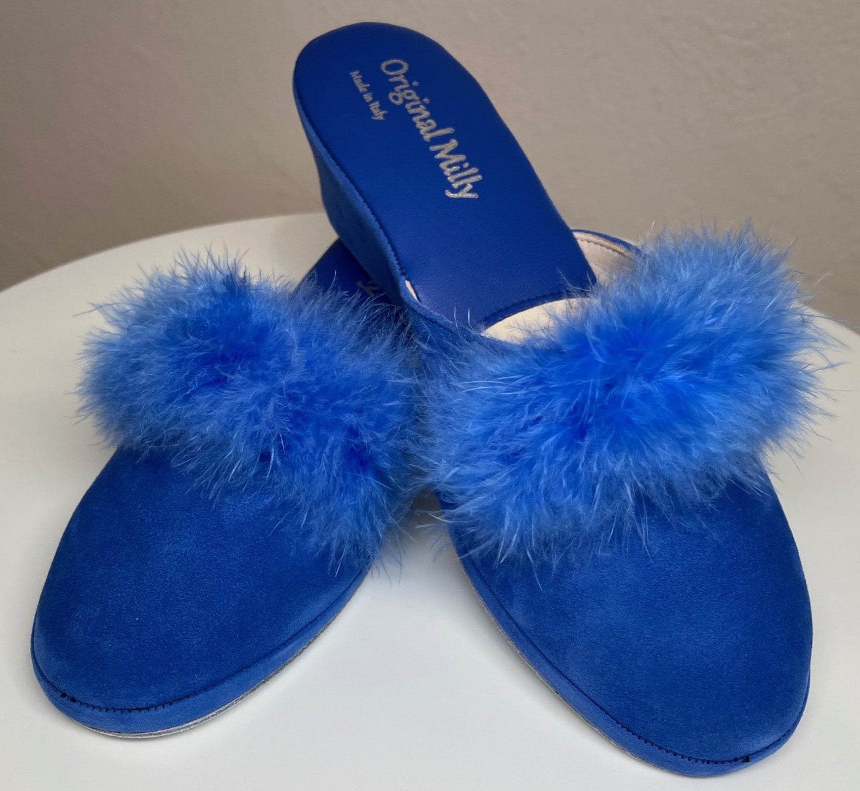 0030 Camoscio Blu con Piuma Suola Bufalo Ciabatte da camera Donna Original Milly Made in Italy