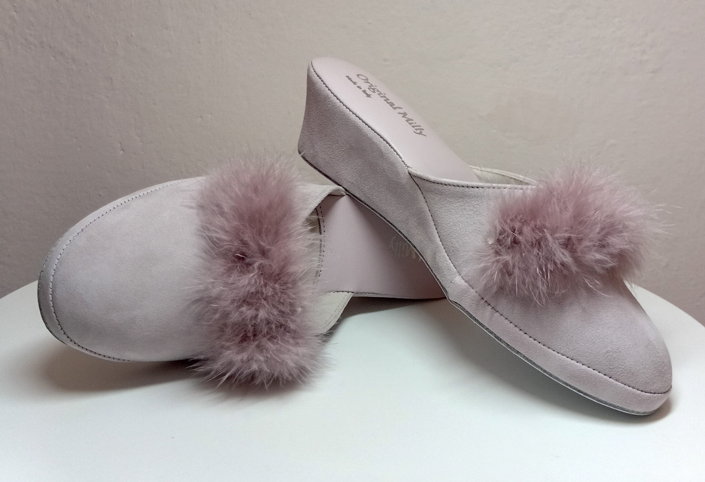 0030 Camoscio Peonia con Piuma Suola Bufalo Ciabatte da camera Donna Original Milly Made in Italy