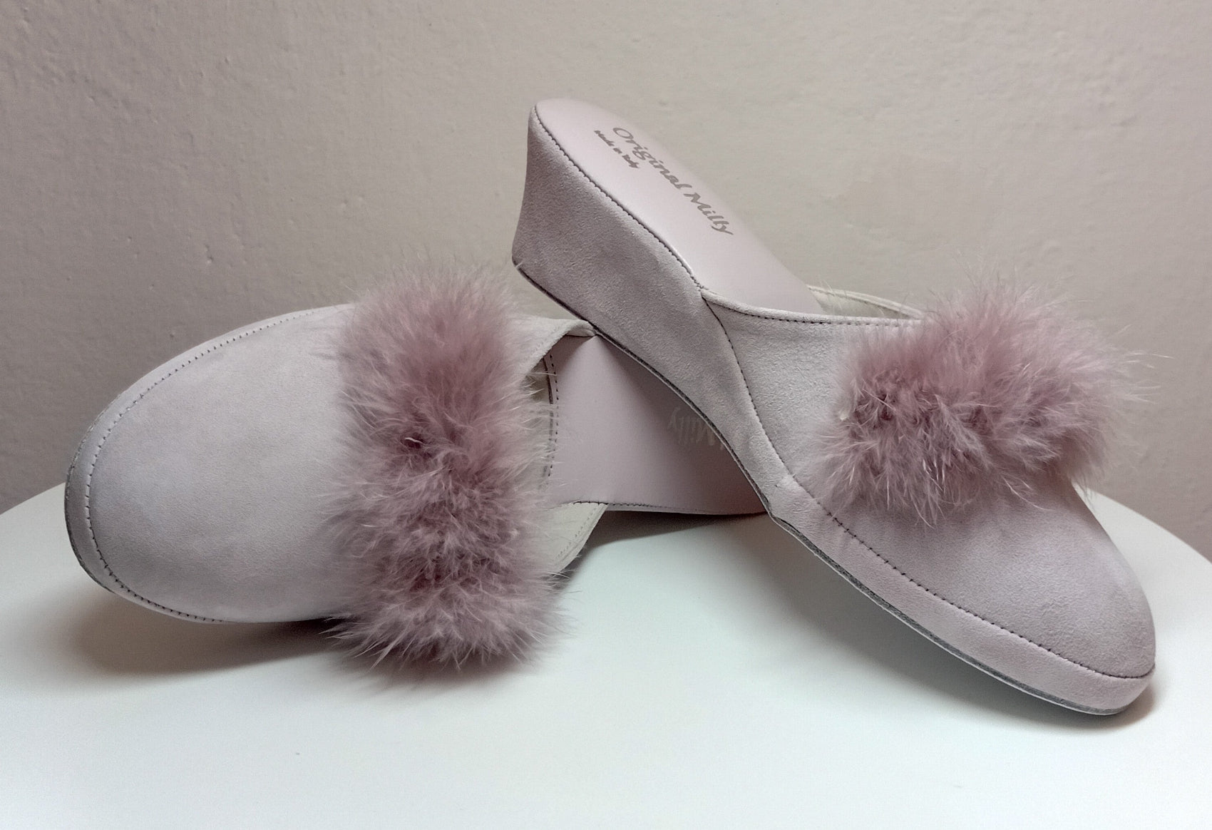 0030 Camoscio Peonia con Piuma Suola Bufalo Ciabatte da camera Donna Original Milly Made in Italy