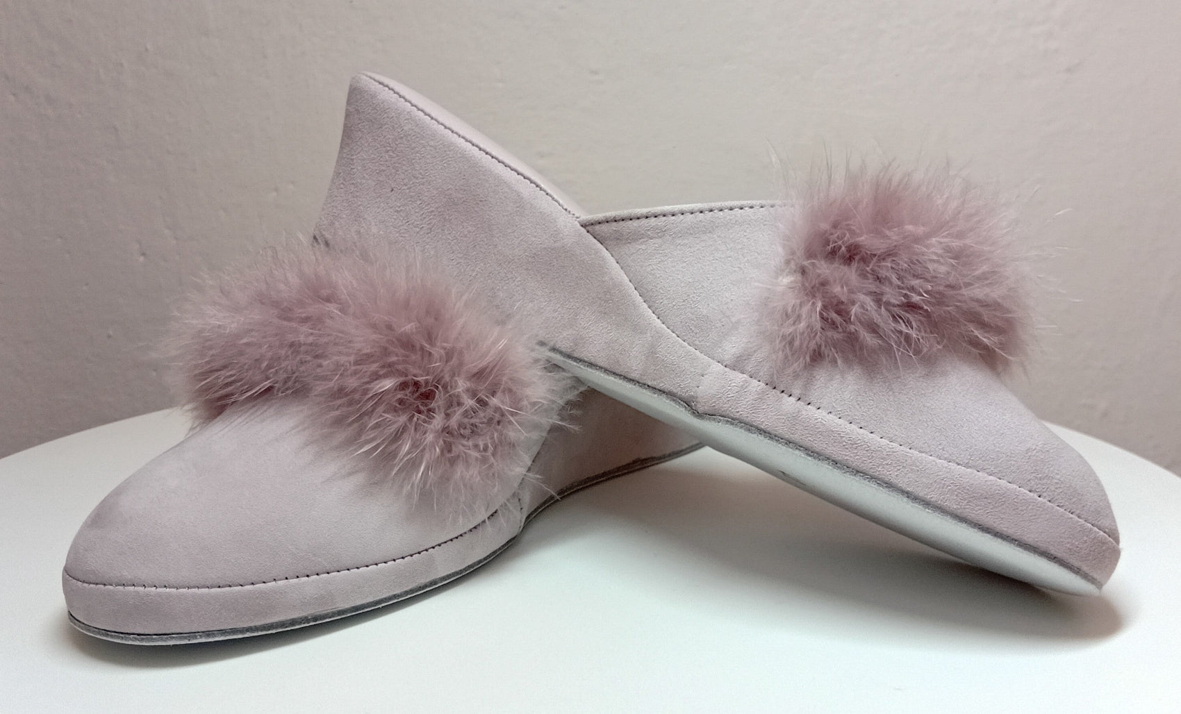 0030 Camoscio Peonia con Piuma Suola Bufalo Ciabatte da camera Donna Original Milly Made in Italy
