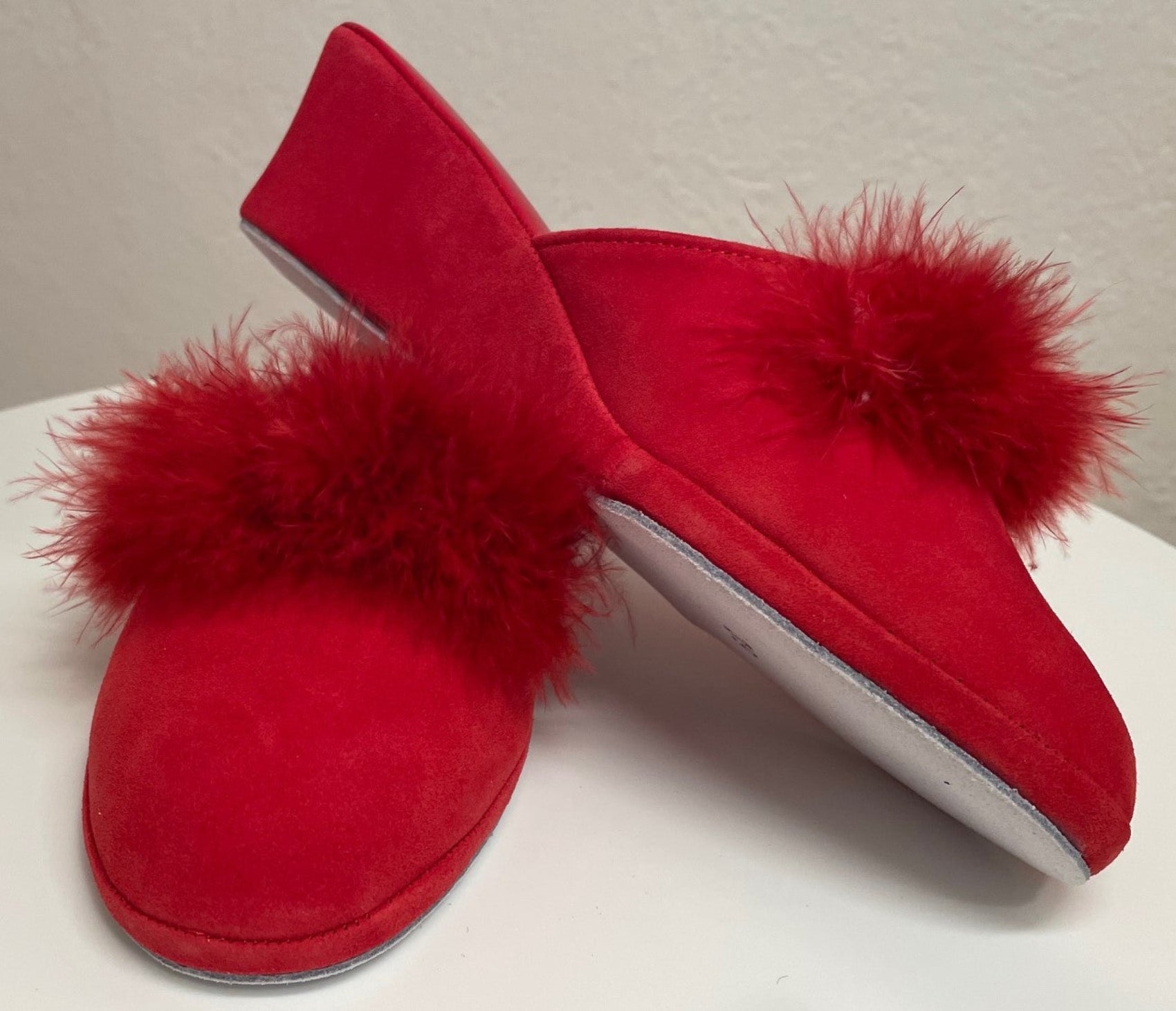 0030 Camoscio Rosso con Piuma Suola Bufalo Ciabatte da camera Donna Original Milly Made in Italy