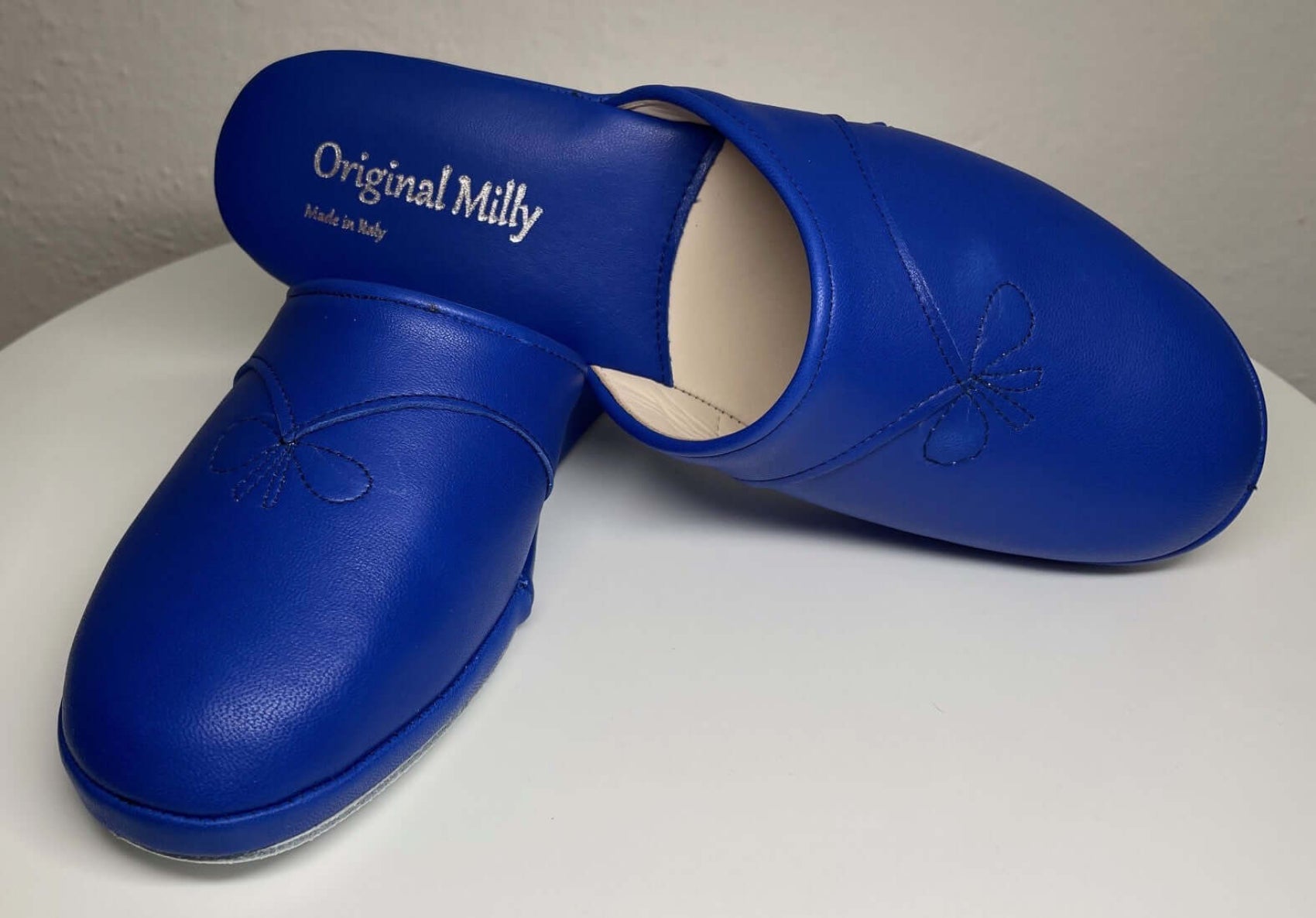 0032 Nappa e Camoscio Blu Suola Bufalo Ciabatte da camera Donna Original Milly Made in Italy