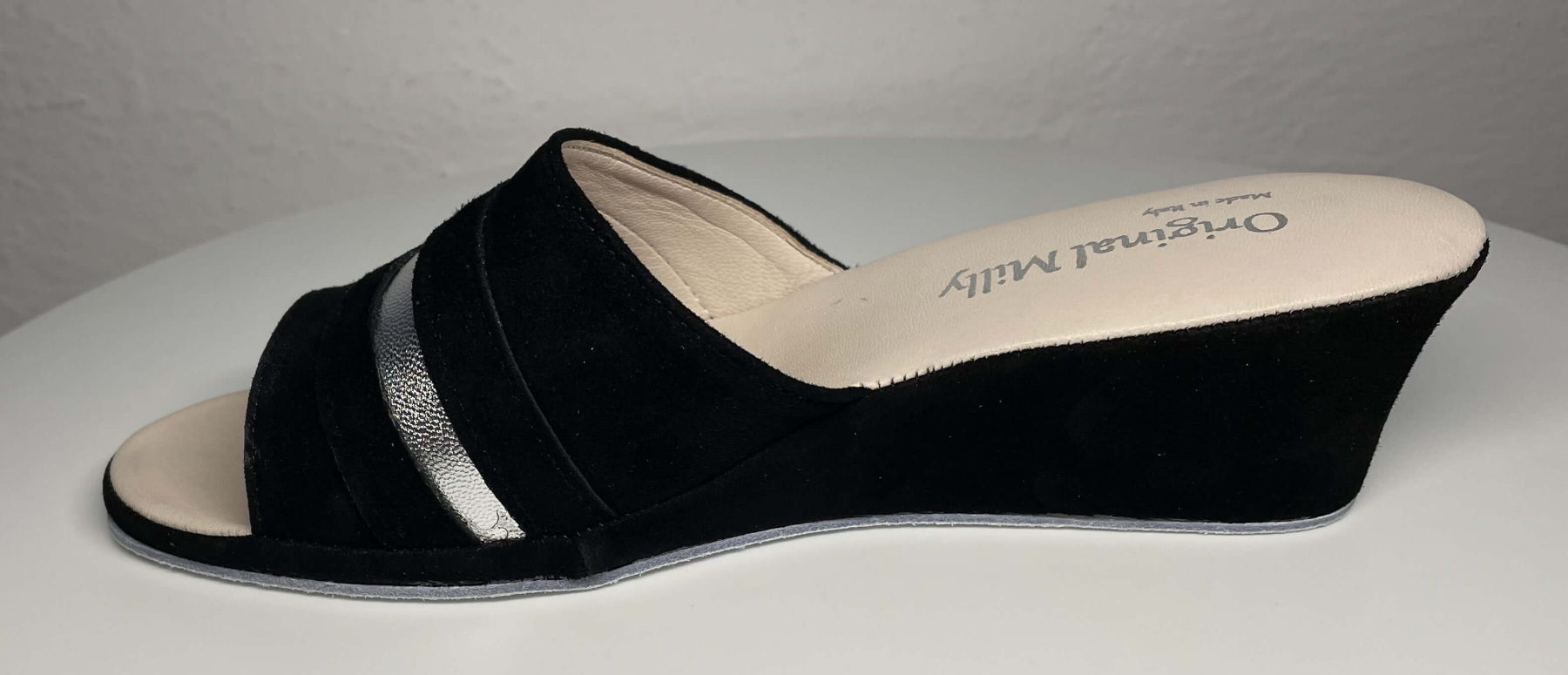 0076 Camoscio Nero Suola Bufalo Ciabatte da camera Donna Original Milly Made in Italy