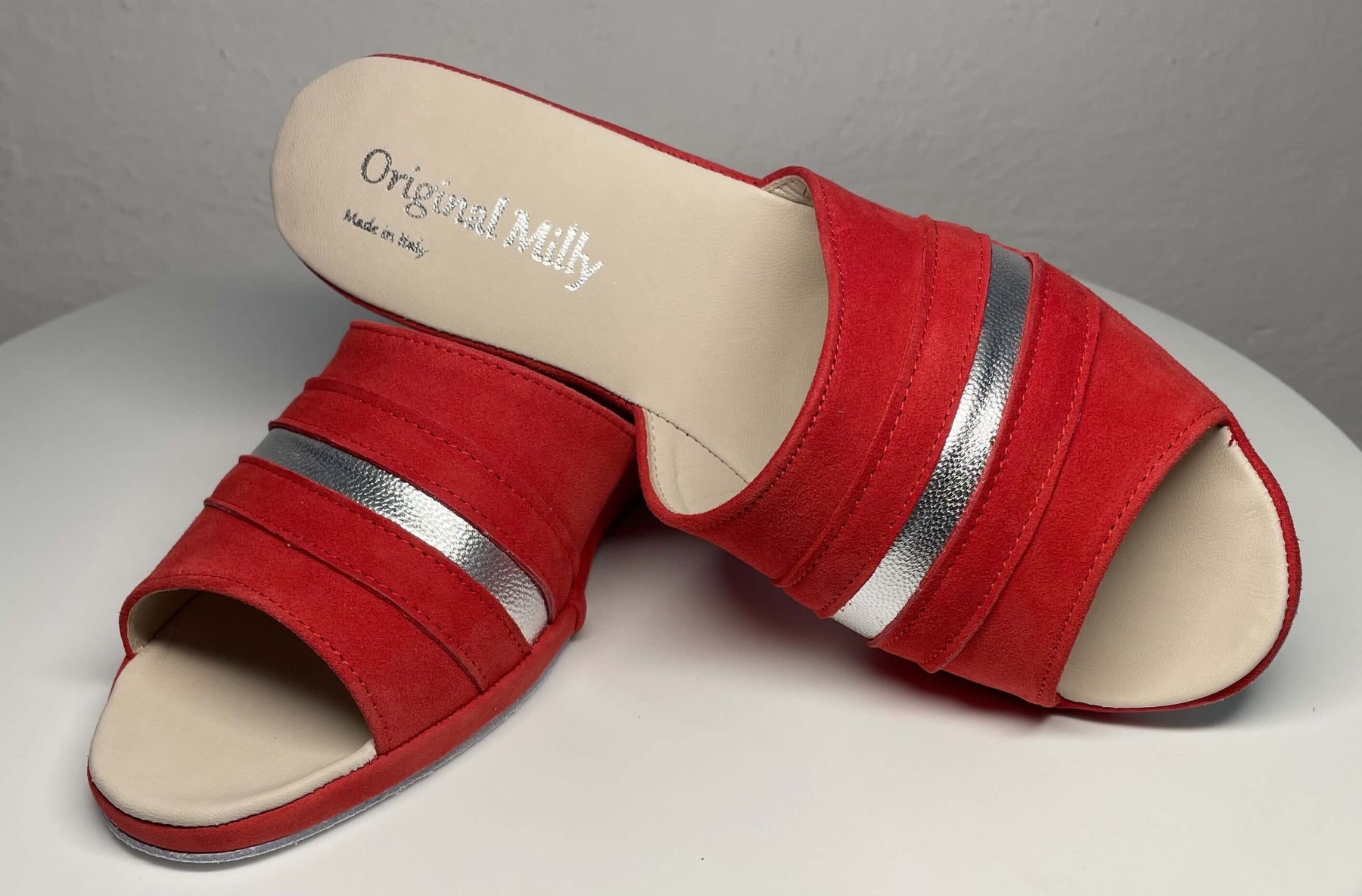0076 Camoscio Rosso Suola Bufalo Ciabatte da camera Donna Original Milly Made in Italy