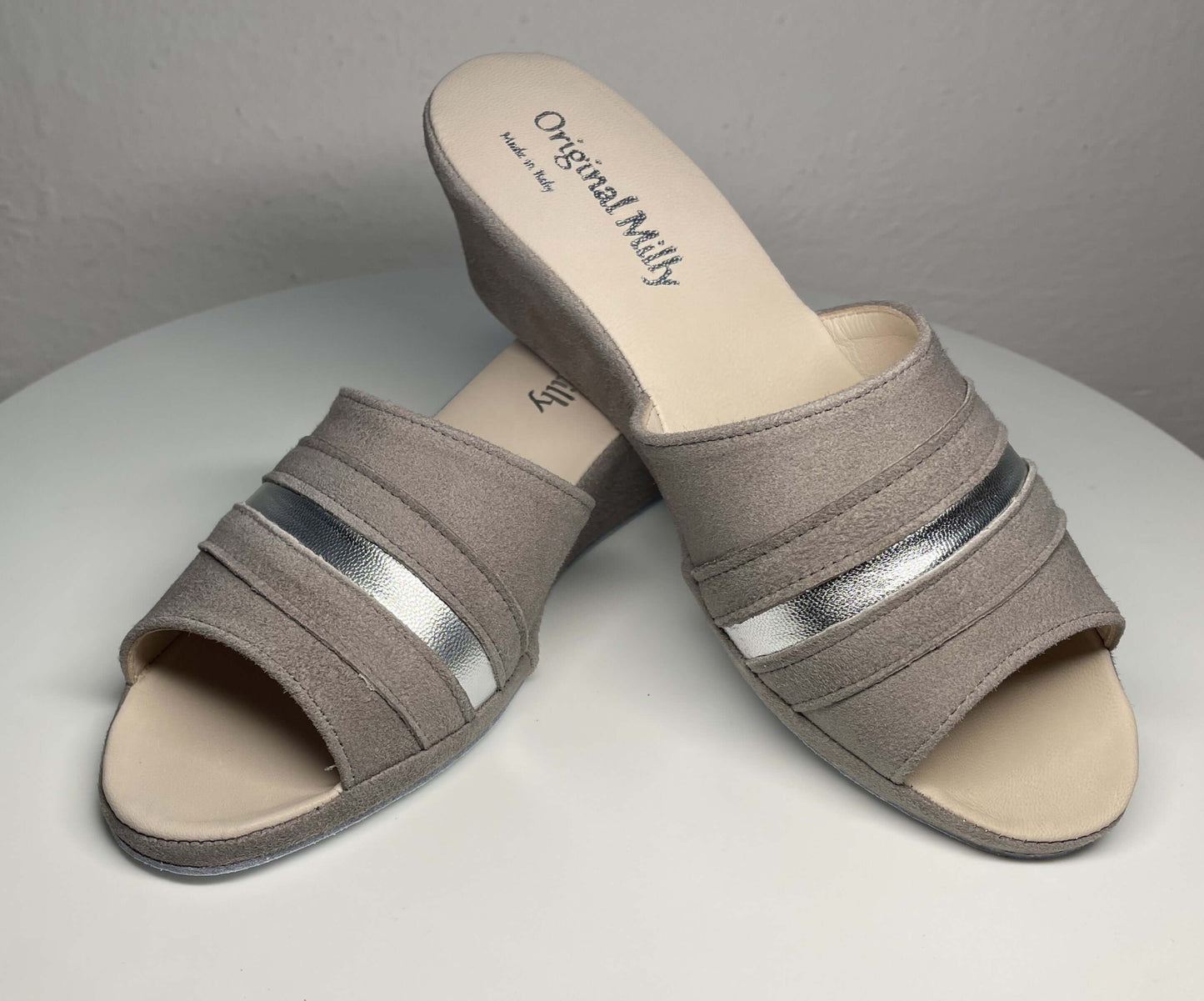 0076 Camoscio Taupe Suola Bufalo Ciabatte da camera Donna Original Milly Made in Italy