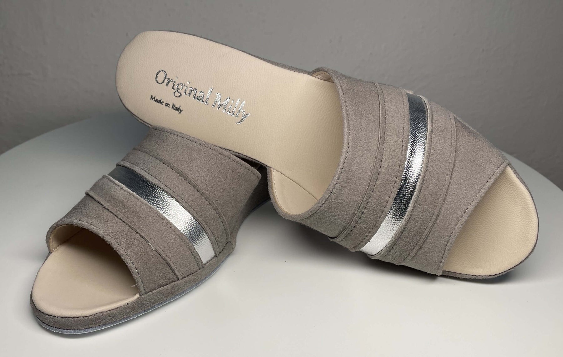 0076 Camoscio Taupe Suola Bufalo Ciabatte da camera Donna Original Milly Made in Italy