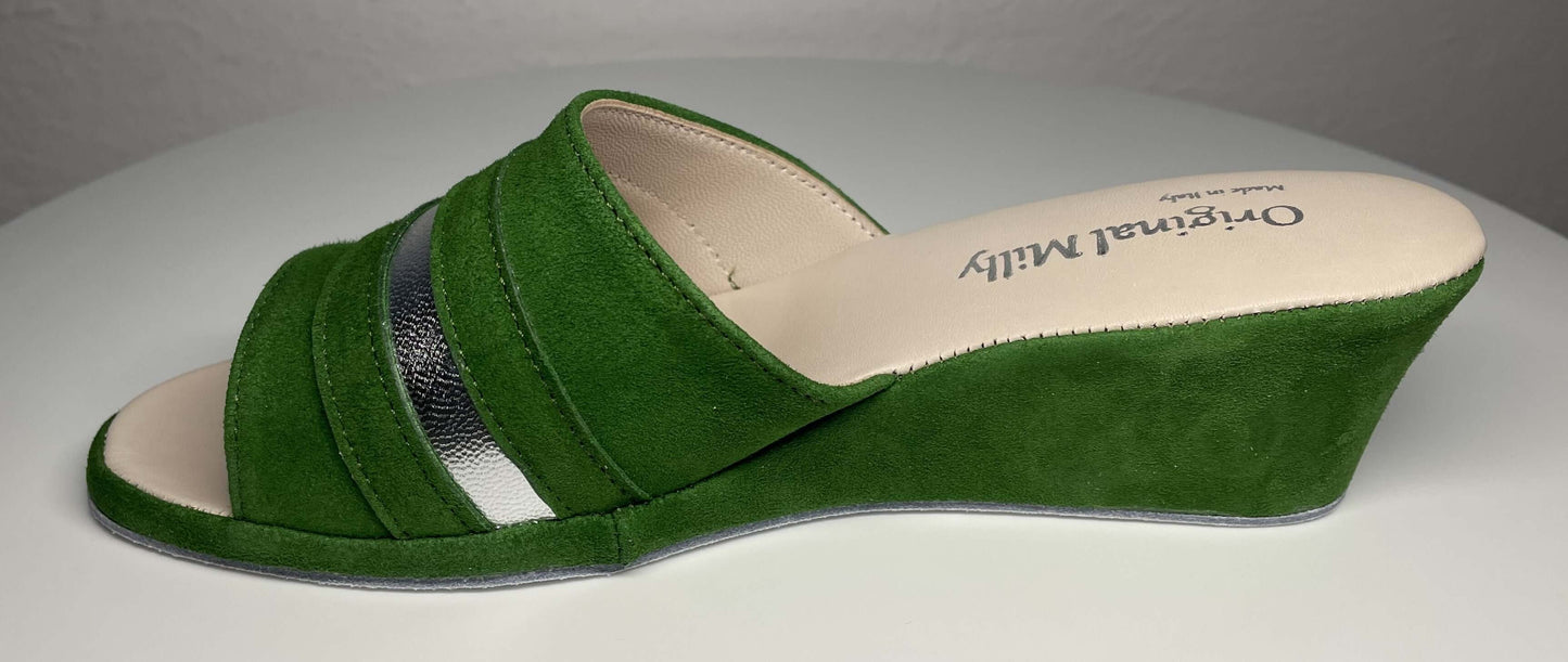 0076 Camoscio Verde Suola Bufalo Ciabatte da camera Donna Original Milly Made in Italy