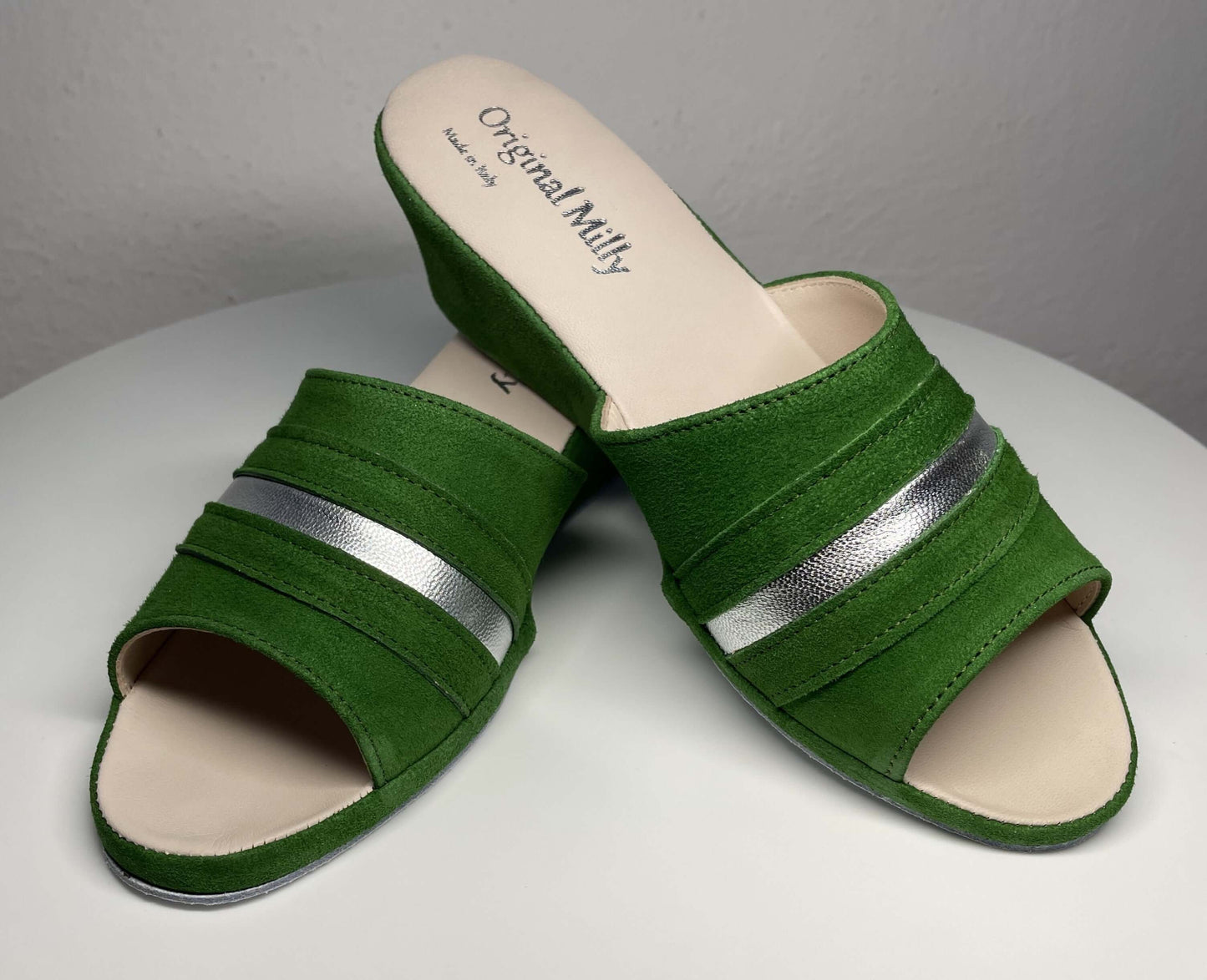 0076 Camoscio Verde Suola Bufalo Ciabatte da camera Donna Original Milly Made in Italy