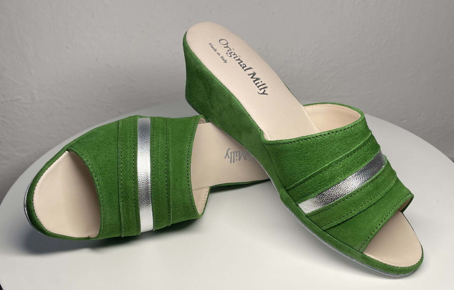 0076 Camoscio Verde Suola Bufalo Ciabatte da camera Donna Original Milly Made in Italy