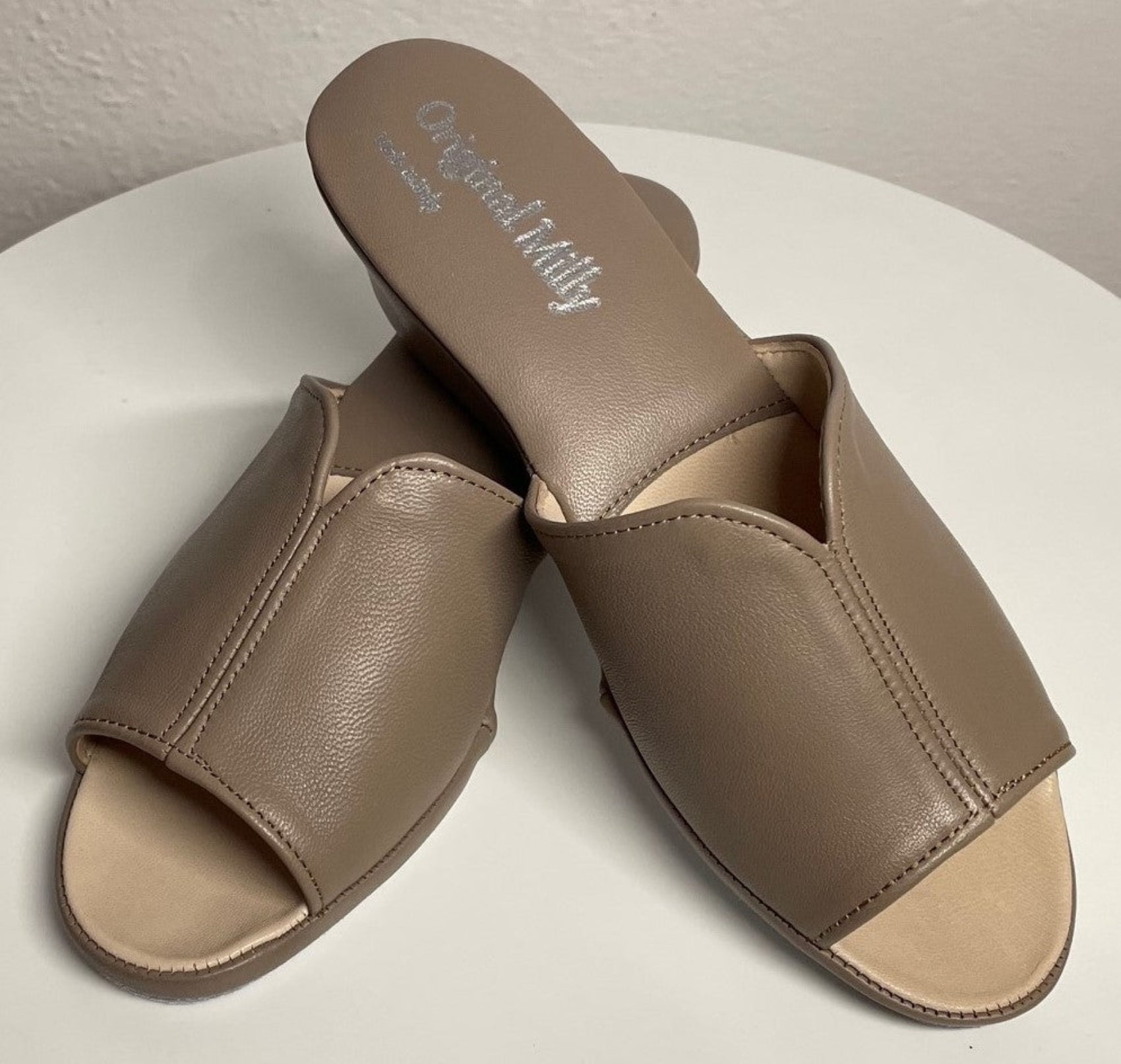 0100 Nappa e Camoscio Taupe Suola Bufalo Ciabatte da camera Donna Original Milly Made in Italy