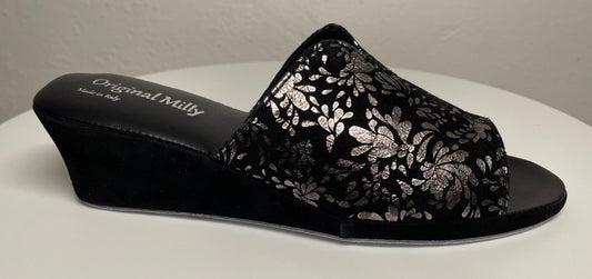 0101 Camoscio Nero Argento a fiori Suola Bufalo Ciabatte da camera Donna Original Milly Made in Italy