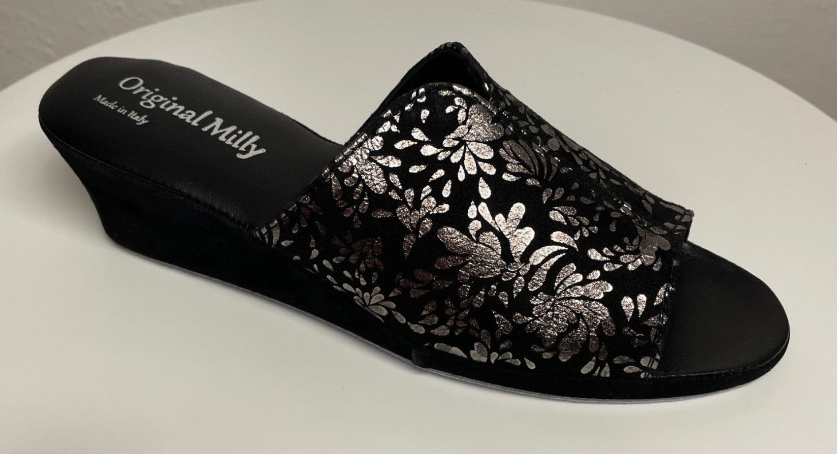 0101 Camoscio Nero Argento a fiori Suola Bufalo Ciabatte da camera Donna Original Milly Made in Italy