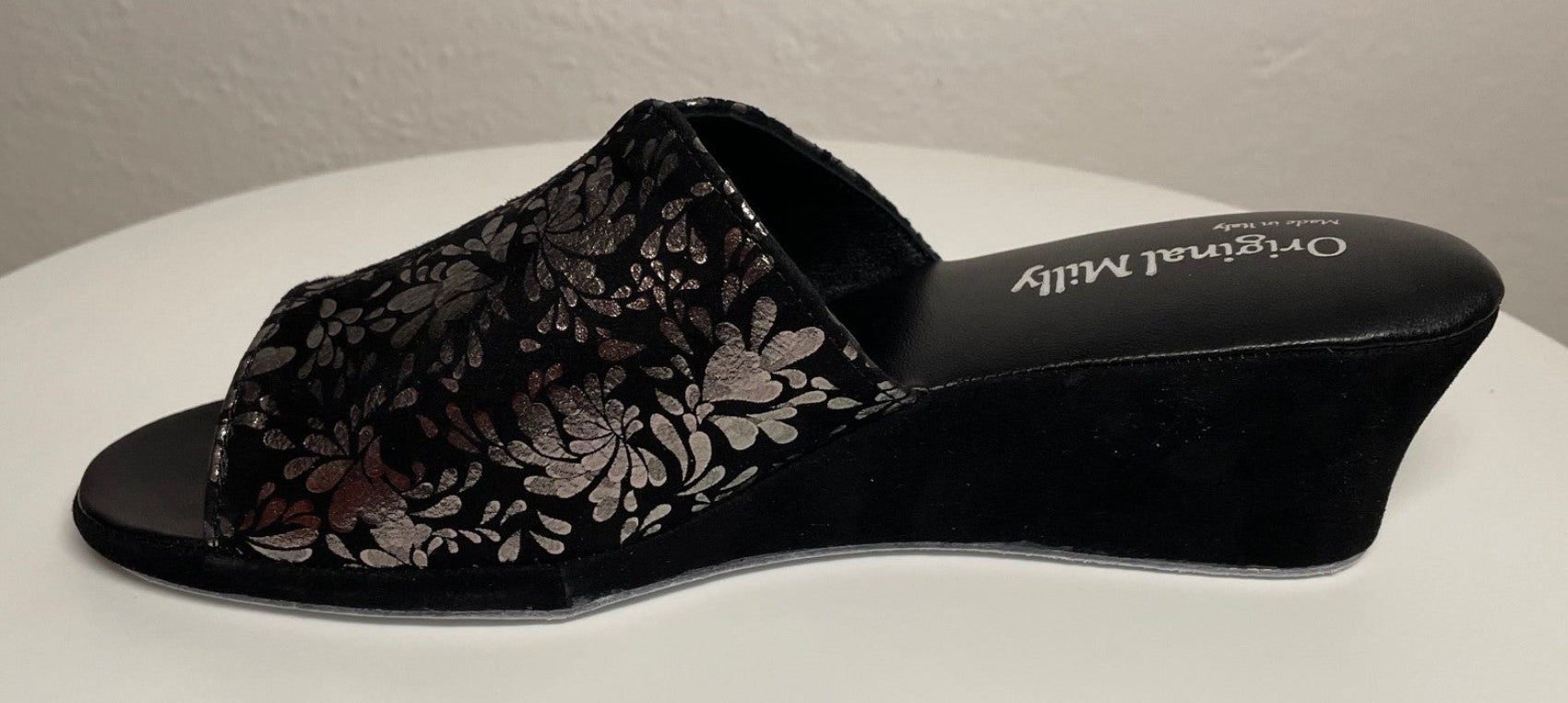 0101 Camoscio Nero Argento a fiori Suola Bufalo Ciabatte da camera Donna Original Milly Made in Italy