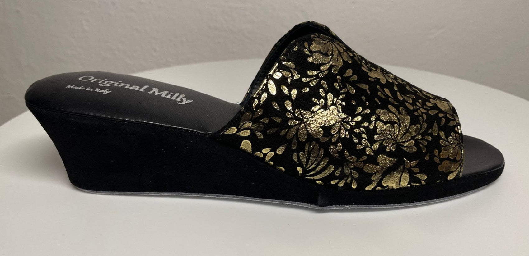 0101 Camoscio Nero Oro a fiori Suola Bufalo Ciabatte da camera Donna Original Milly Made in Italy
