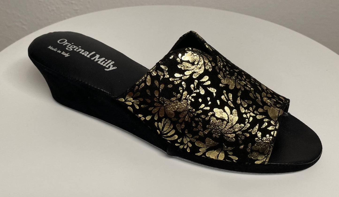 0101 Camoscio Nero Oro a fiori Suola Bufalo Ciabatte da camera Donna Original Milly Made in Italy