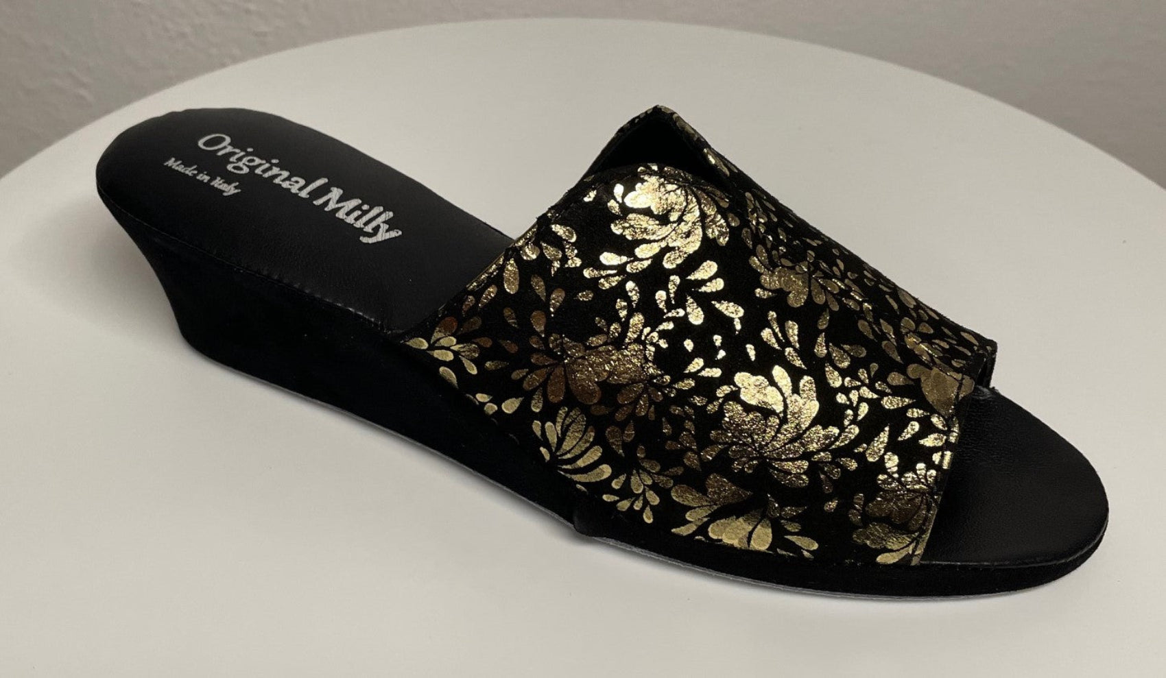 0101 Camoscio Nero Oro a fiori Suola Bufalo Ciabatte da camera Donna Original Milly Made in Italy