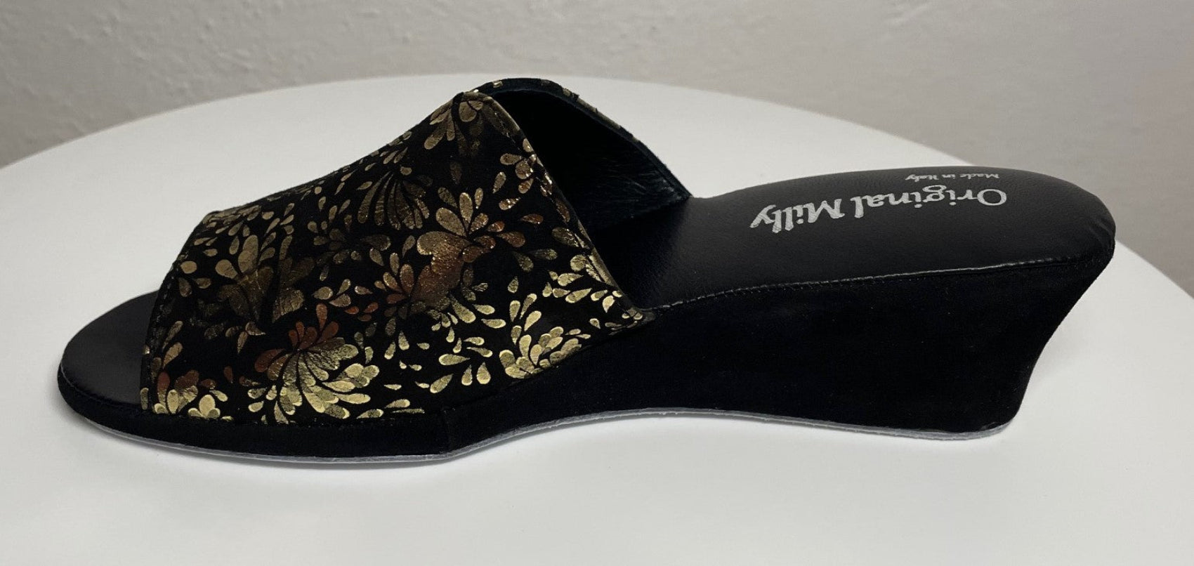 0101 Camoscio Nero Oro a fiori Suola Bufalo Ciabatte da camera Donna Original Milly Made in Italy