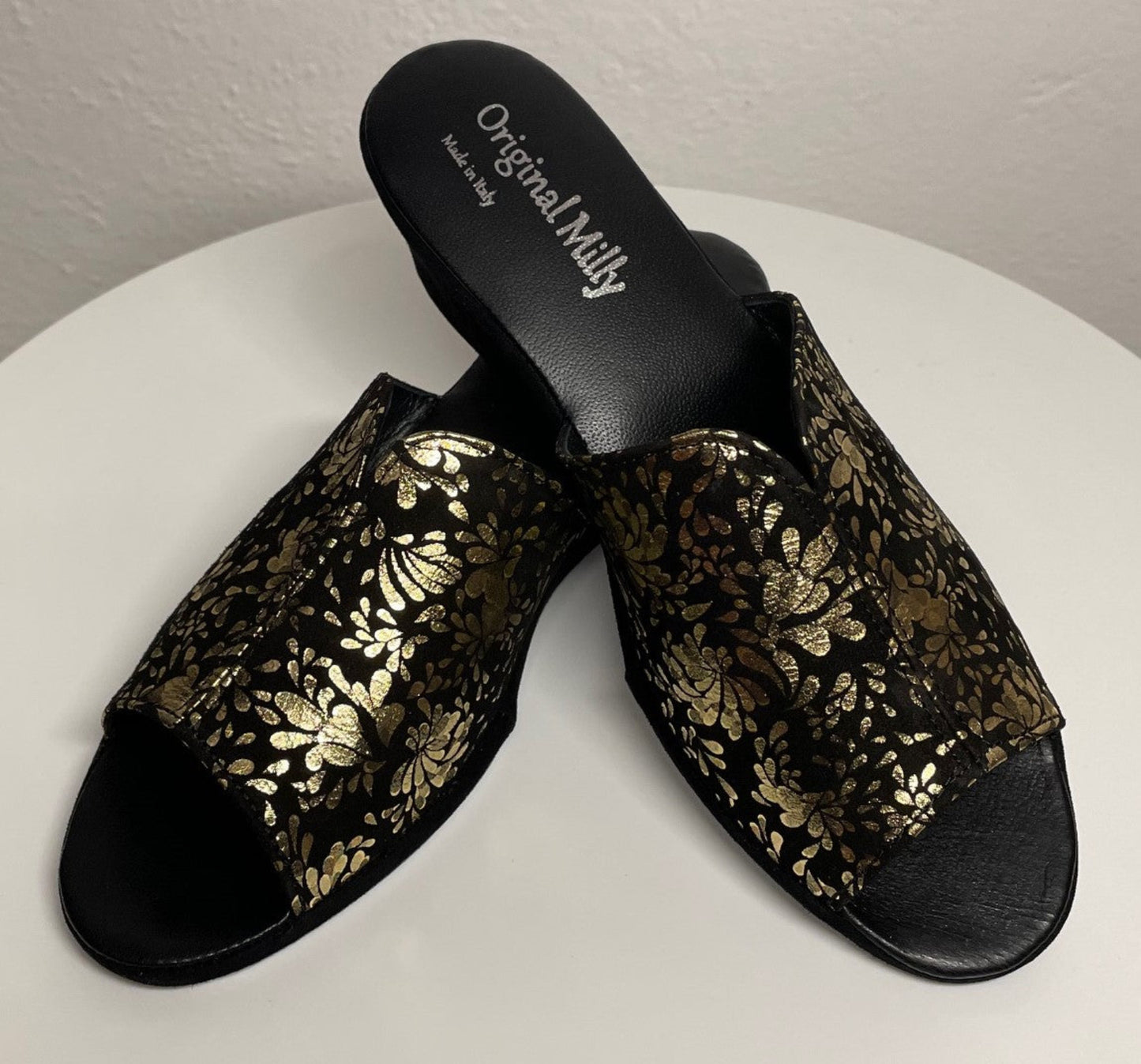 0101 Camoscio Nero Oro a fiori Suola Bufalo Ciabatte da camera Donna Original Milly Made in Italy
