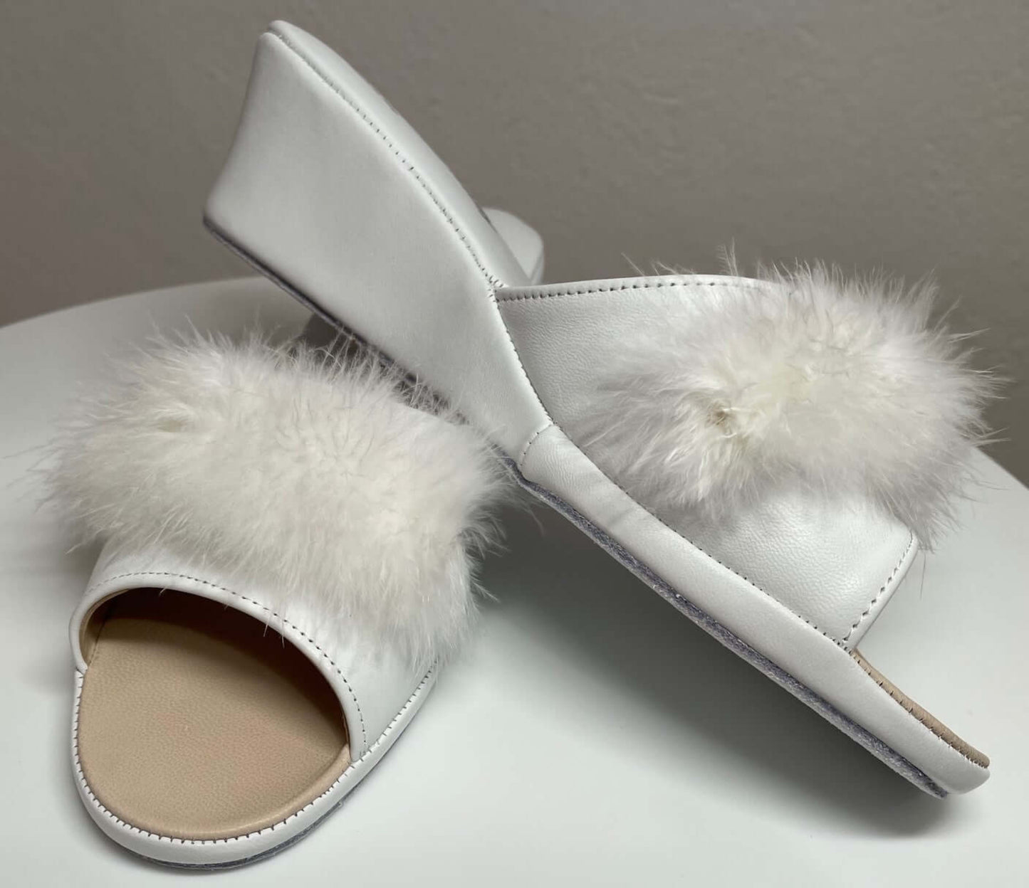0102 Nappa Bianco con Piuma Suola Bufalo Ciabatte da camera Donna Original Milly Made in Italy - Foto N 4