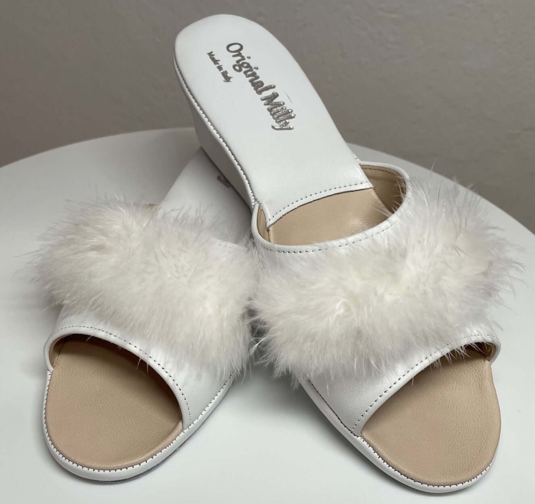 0102 Nappa Bianco con Piuma Suola Bufalo Ciabatte da camera Donna Original Milly Made in Italy - Foto N 5