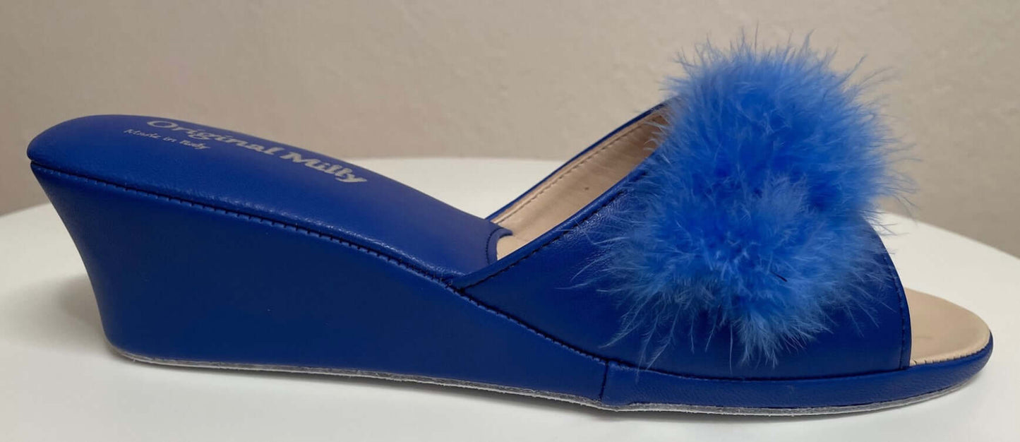 0102 Nappa Blu con Piuma Suola Bufalo Ciabatte da camera Donna Original Milly Made in Italy - Foto N 1