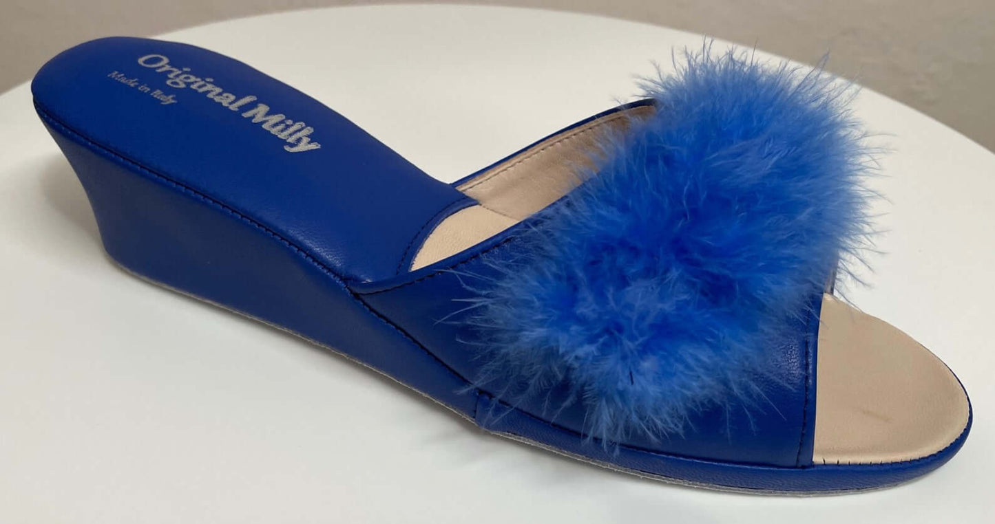 0102 Nappa Blu con Piuma Suola Bufalo Ciabatte da camera Donna Original Milly Made in Italy - Foto N 2