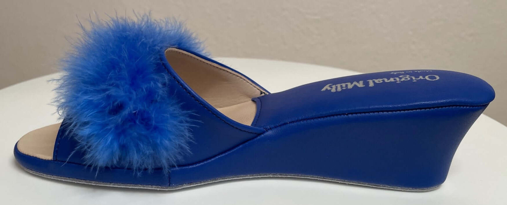 0102 Nappa Blu con Piuma Suola Bufalo Ciabatte da camera Donna Original Milly Made in Italy - Foto N 3