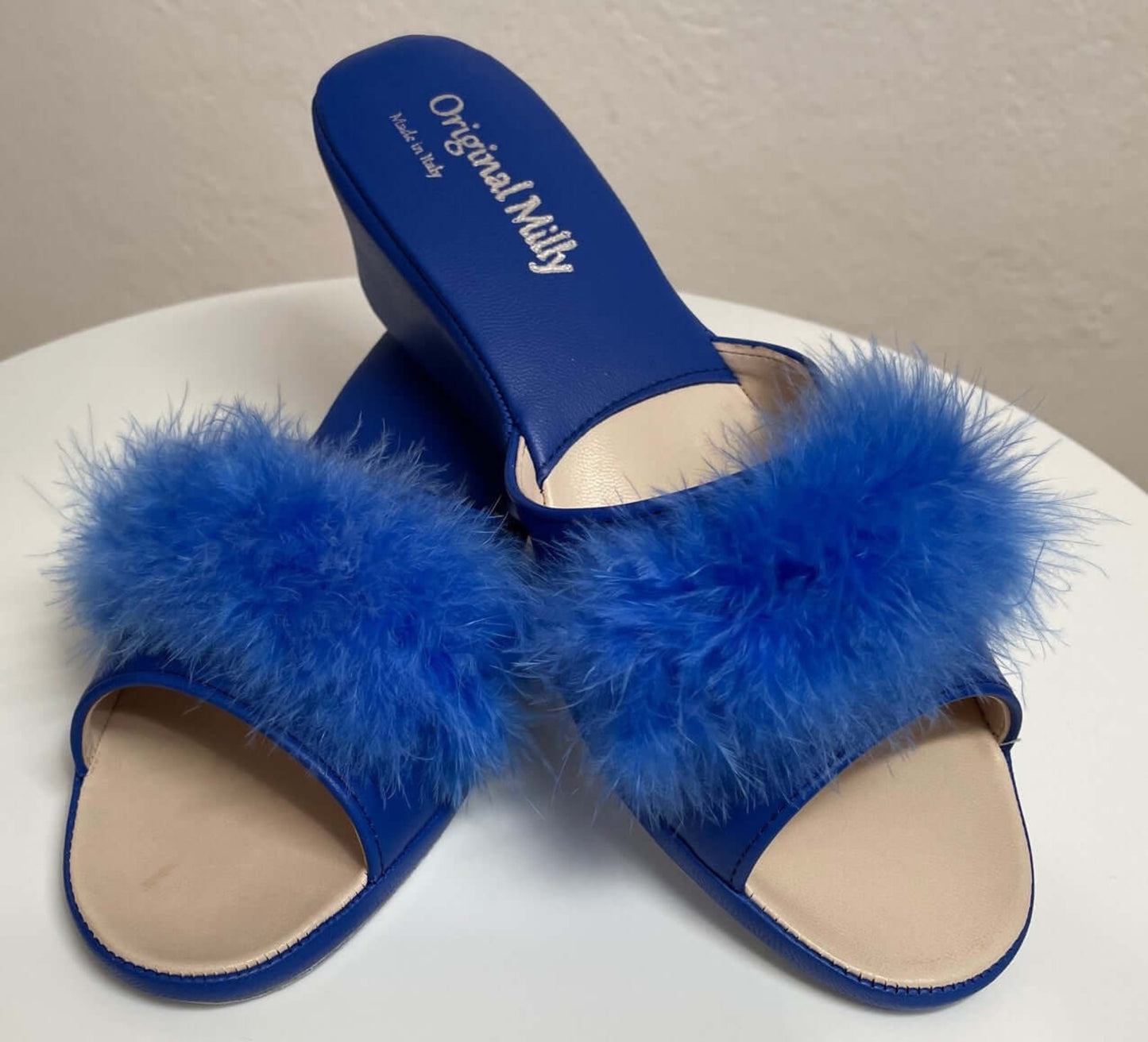 0102 Nappa Blu con Piuma Suola Bufalo Ciabatte da camera Donna Original Milly Made in Italy - Foto N 5