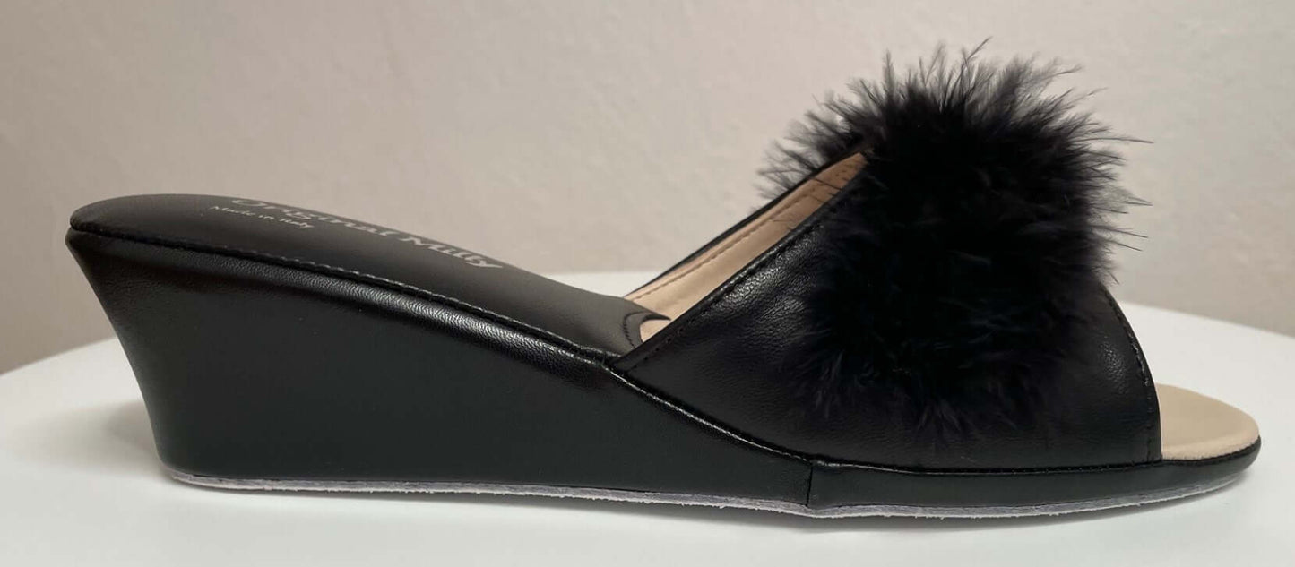 0102 Nappa Nero con Piuma Suola Bufalo Ciabatte da camera Donna Original Milly Made in Italy - Foto N 1