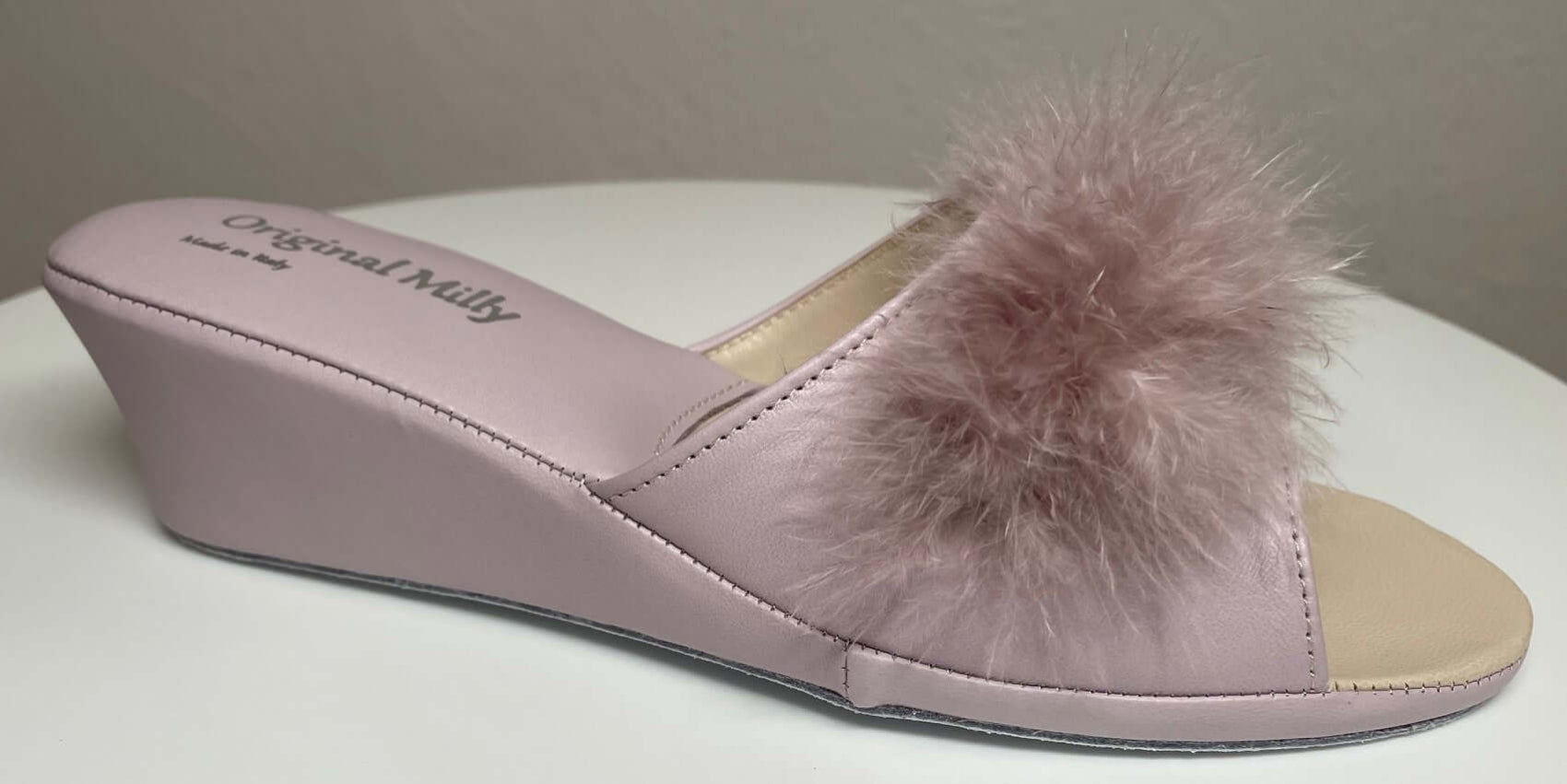 0102 Nappa Peonia con Piuma Suola Bufalo Ciabatte da camera Donna Original Milly Made in Italy - Foto N 2