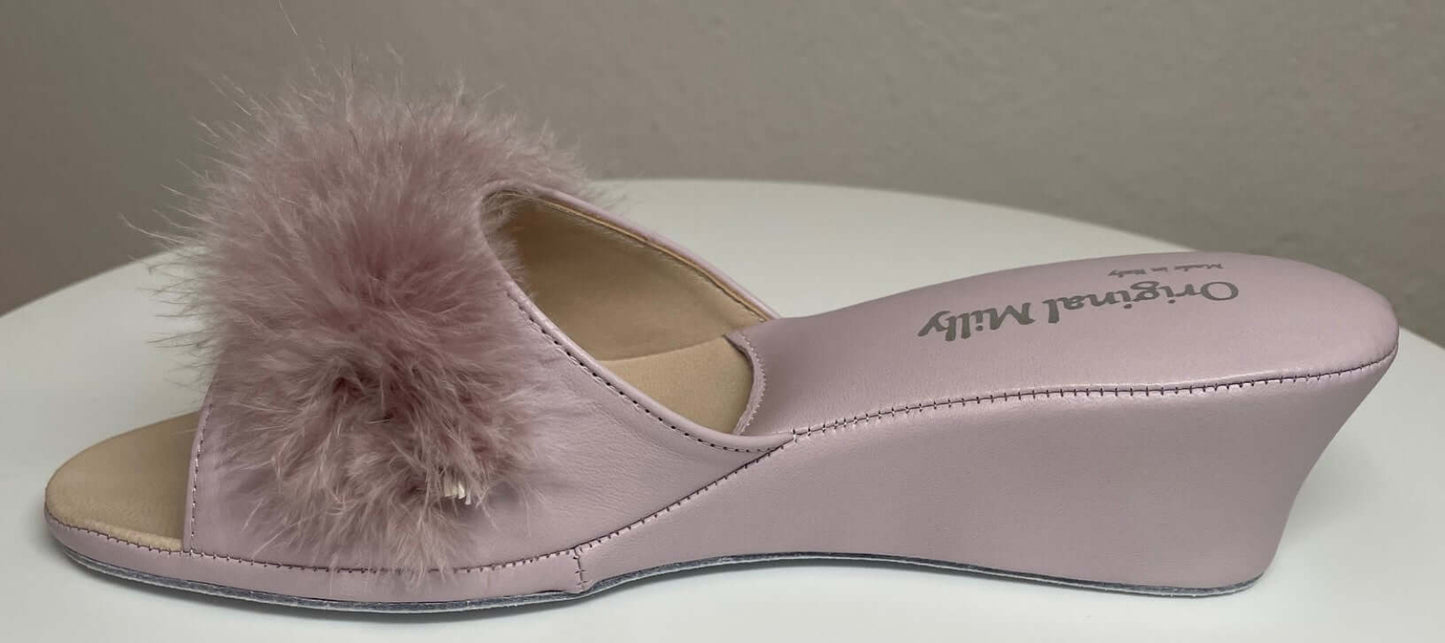 0102 Nappa Peonia con Piuma Suola Bufalo Ciabatte da camera Donna Original Milly Made in Italy - Foto N 3