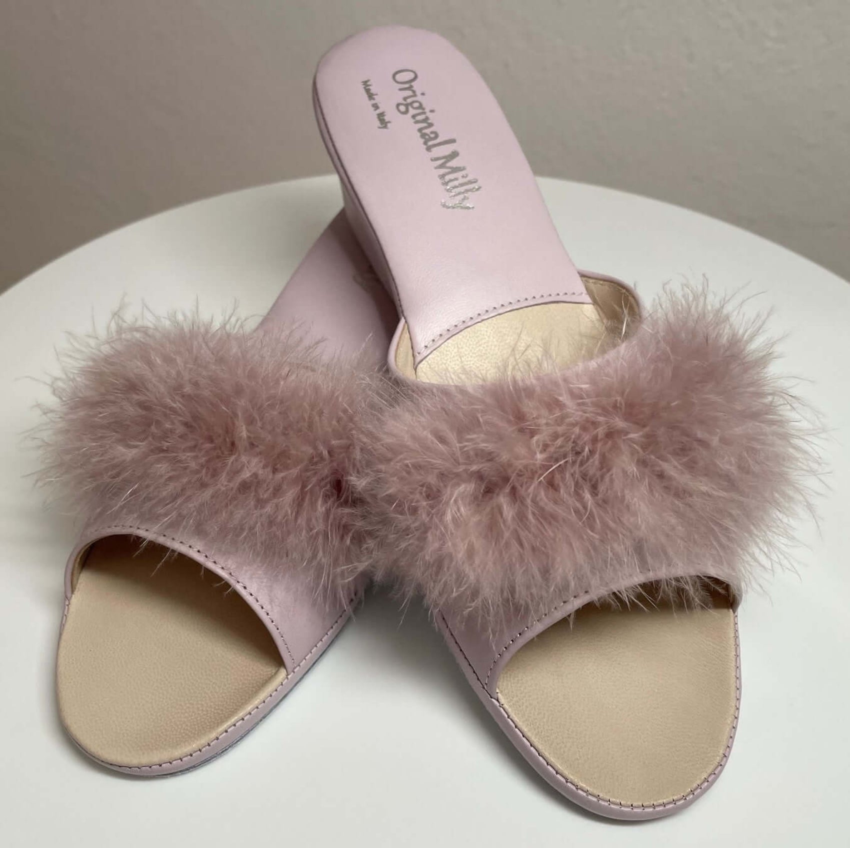 0102 Nappa Peonia con Piuma Suola Bufalo Ciabatte da camera Donna Original Milly Made in Italy - Foto N 5