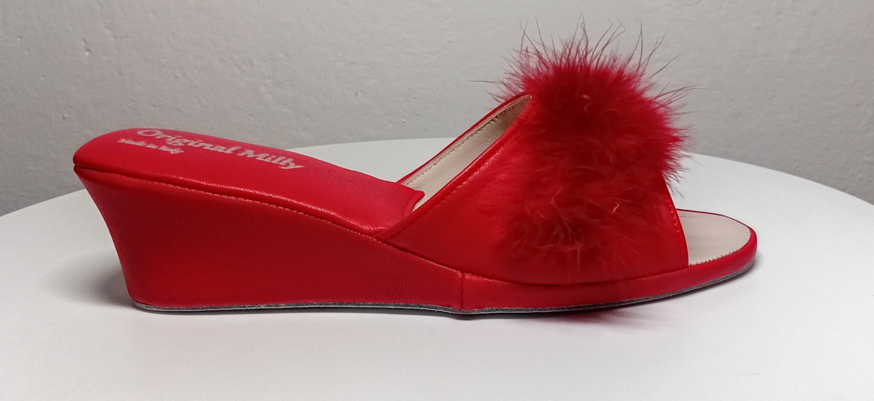 0102 Nappa Rosso con Piuma Suola Bufalo Ciabatte da camera Donna Original Milly Made in Italy - Foto N 1