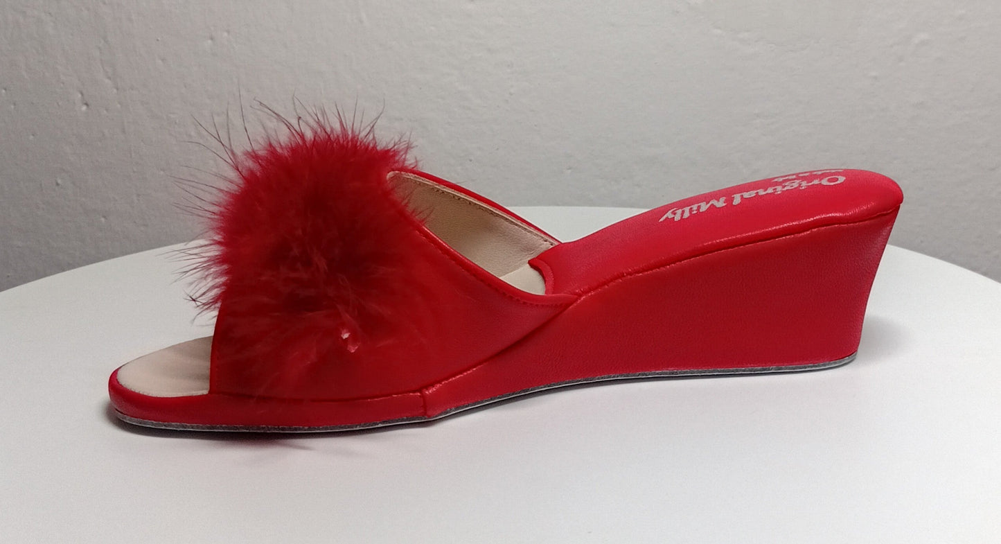 0102 Nappa Rosso con Piuma Suola Bufalo Ciabatte da camera Donna Original Milly Made in Italy - Foto N 3