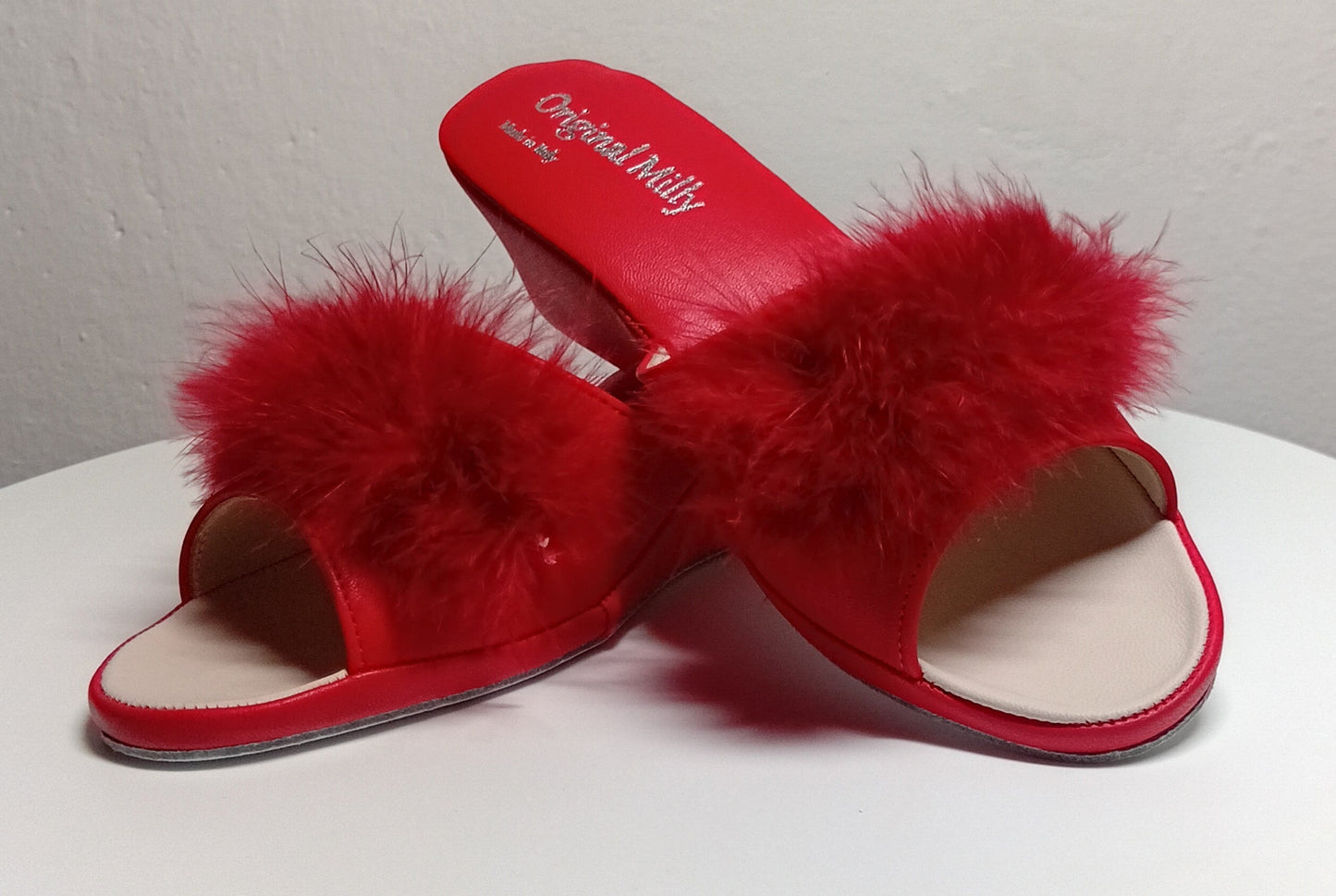 0102 Nappa Rosso con Piuma Suola Bufalo Ciabatte da camera Donna Original Milly Made in Italy - Foto N 4