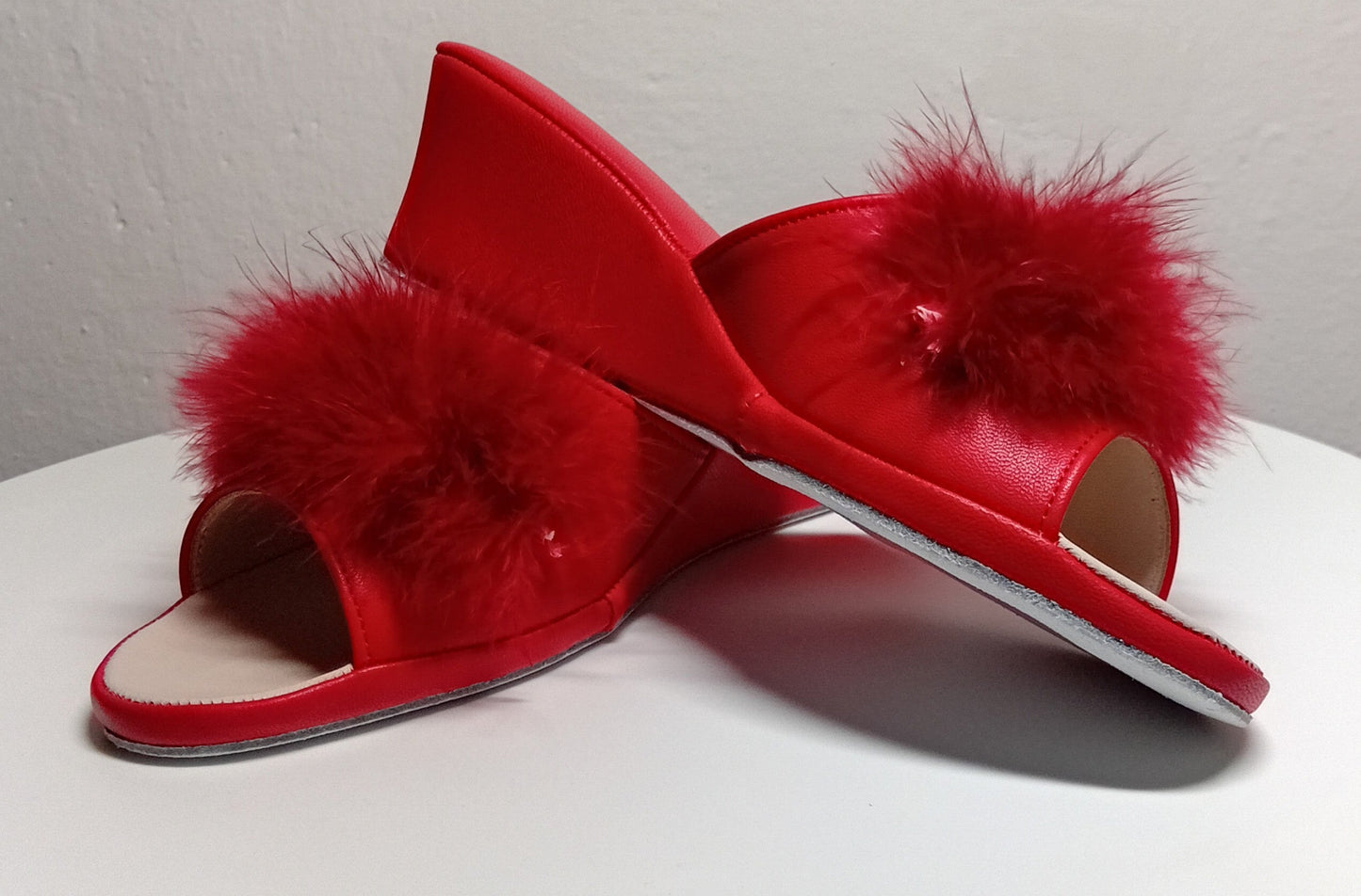 0102 Nappa Rosso con Piuma Suola Bufalo Ciabatte da camera Donna Original Milly Made in Italy - Foto N 5