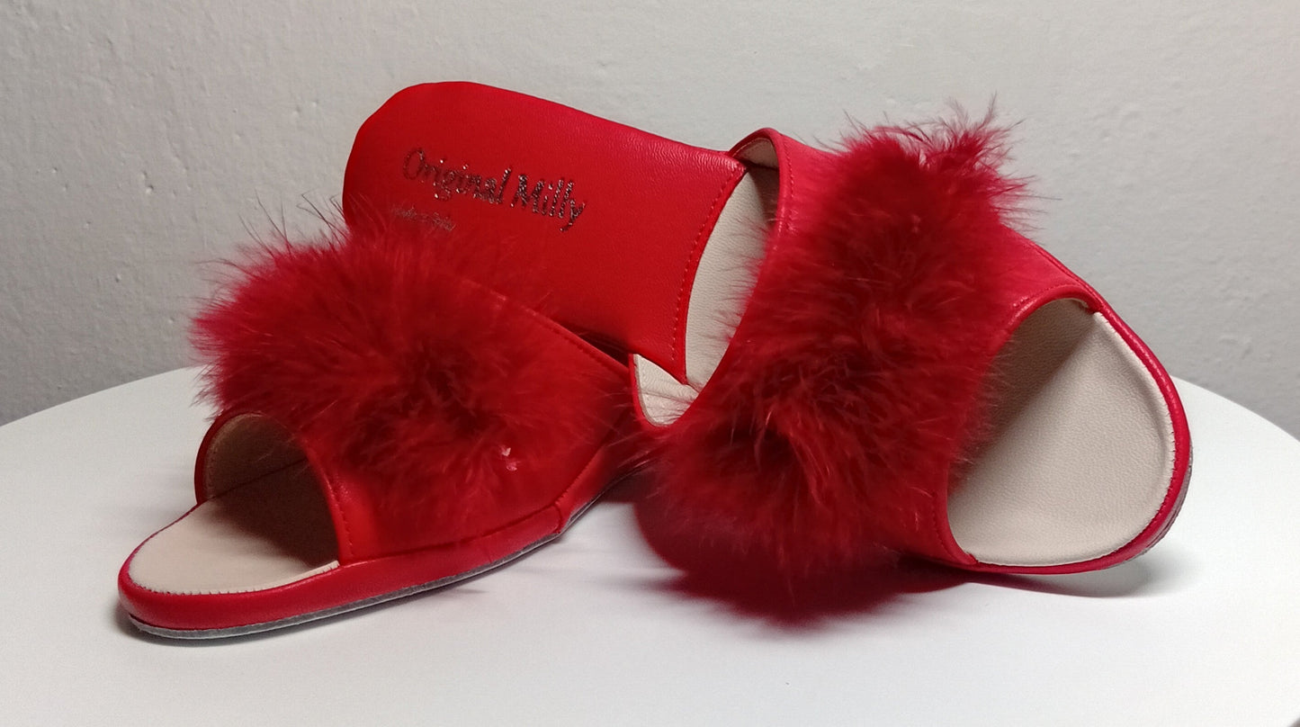 0102 Nappa Rosso con Piuma Suola Bufalo Ciabatte da camera Donna Original Milly Made in Italy - Foto N 6