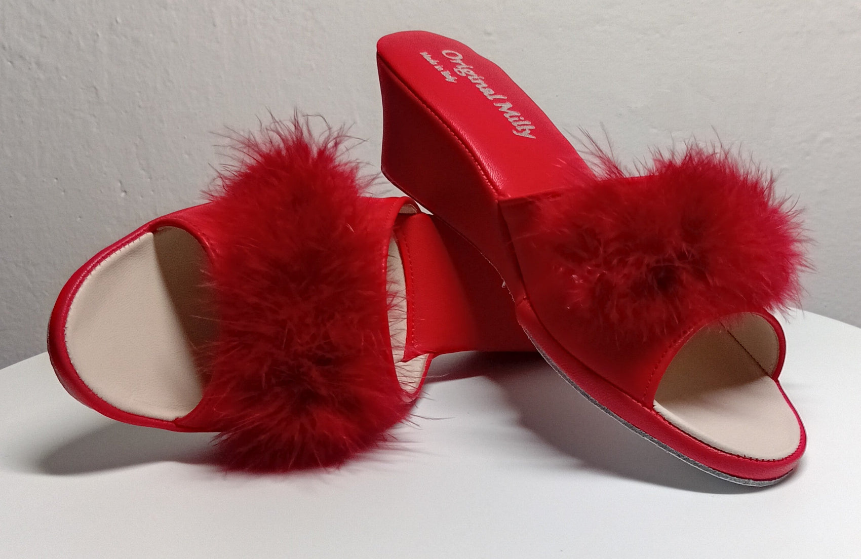 0102 Nappa Rosso con Piuma Suola Bufalo Ciabatte da camera Donna Original Milly Made in Italy - Foto N 7