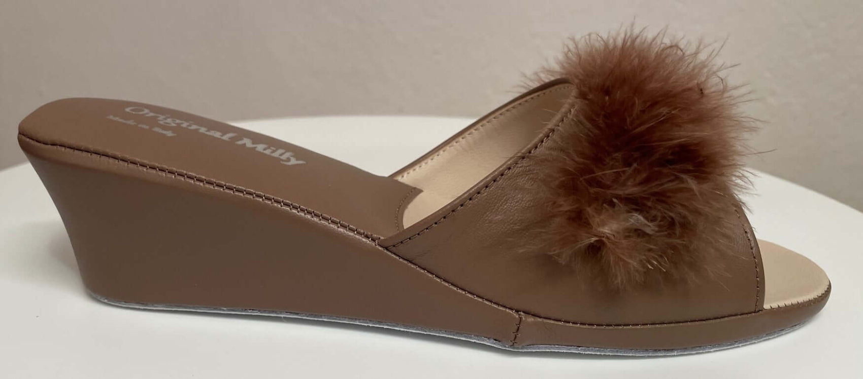 0102 Nappa Taupe con Piuma Suola Bufalo Ciabatte da camera Donna Original Milly Made in Italy - Foto N 1
