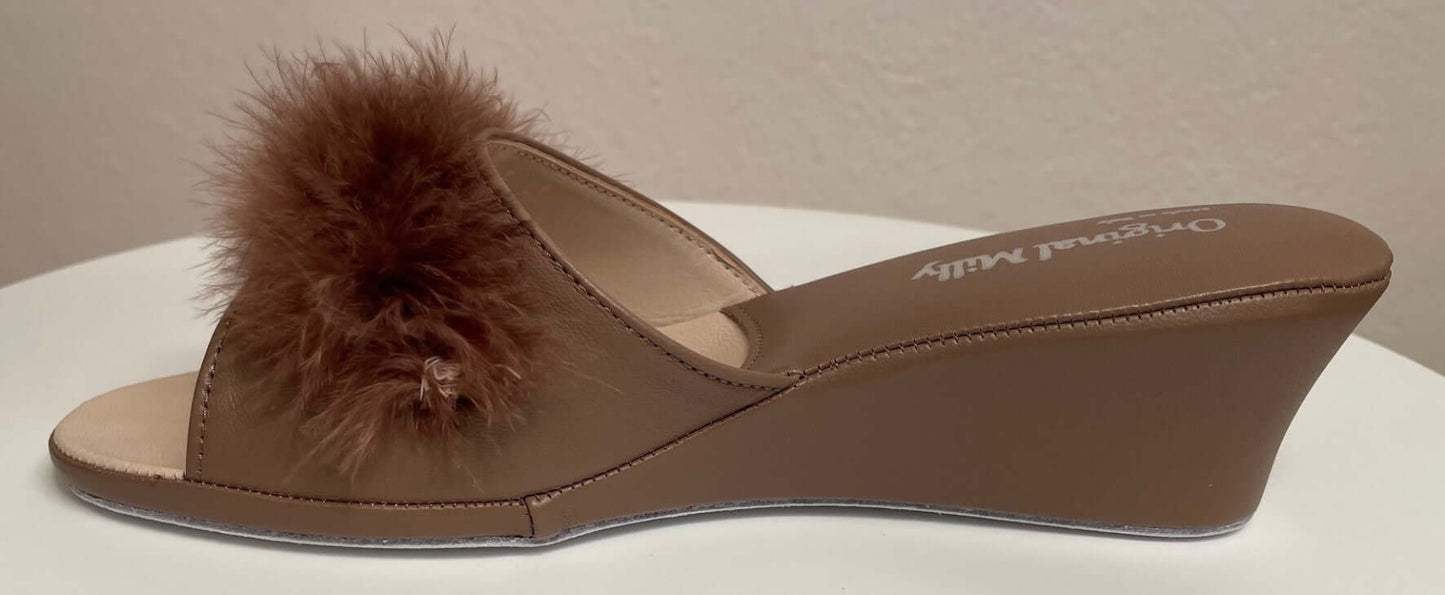 0102 Nappa Taupe con Piuma Suola Bufalo Ciabatte da camera Donna Original Milly Made in Italy - Foto N 3